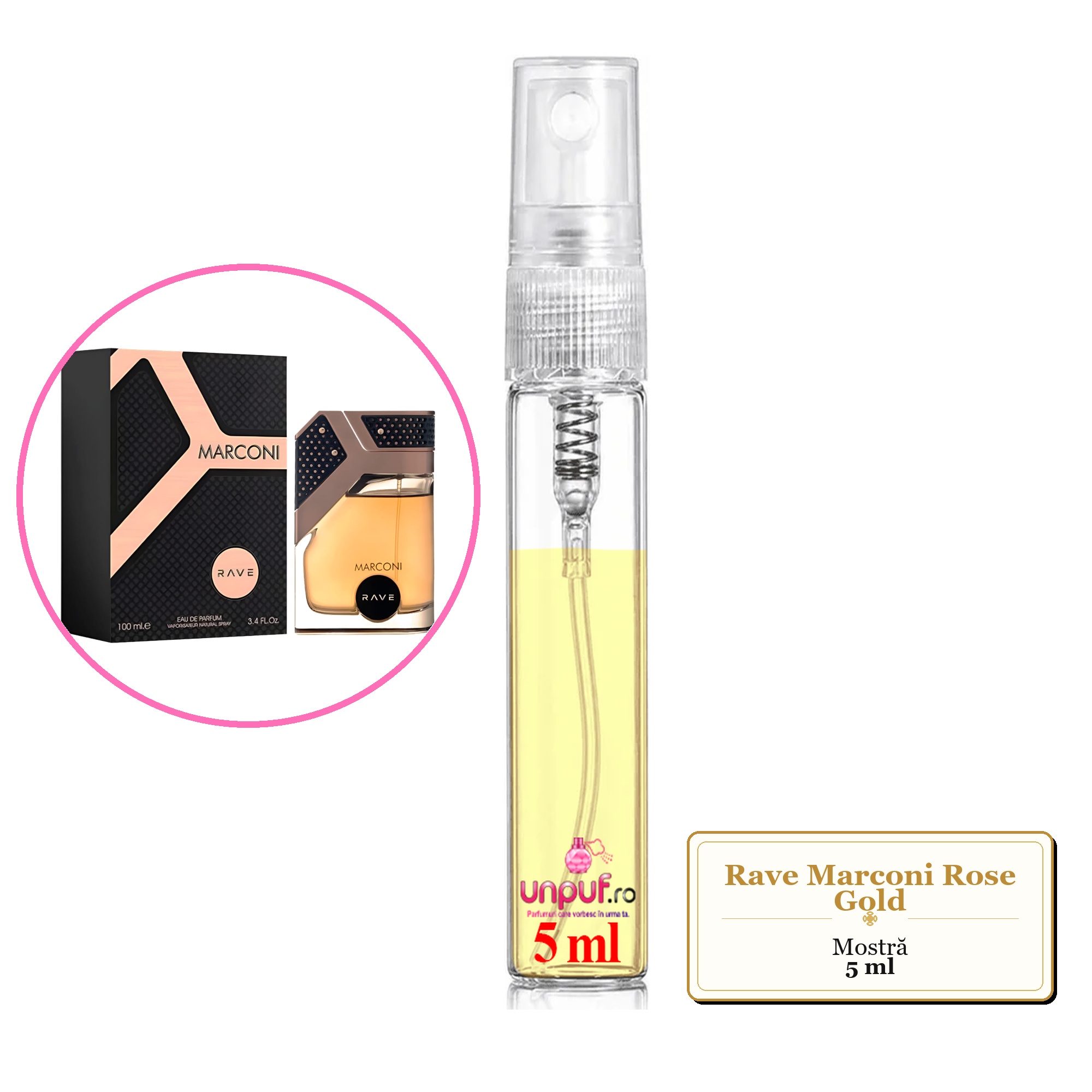 Mostra fiola din Parfumul Rave Marconi Rose Gold, decant sticla cu pulverizator 