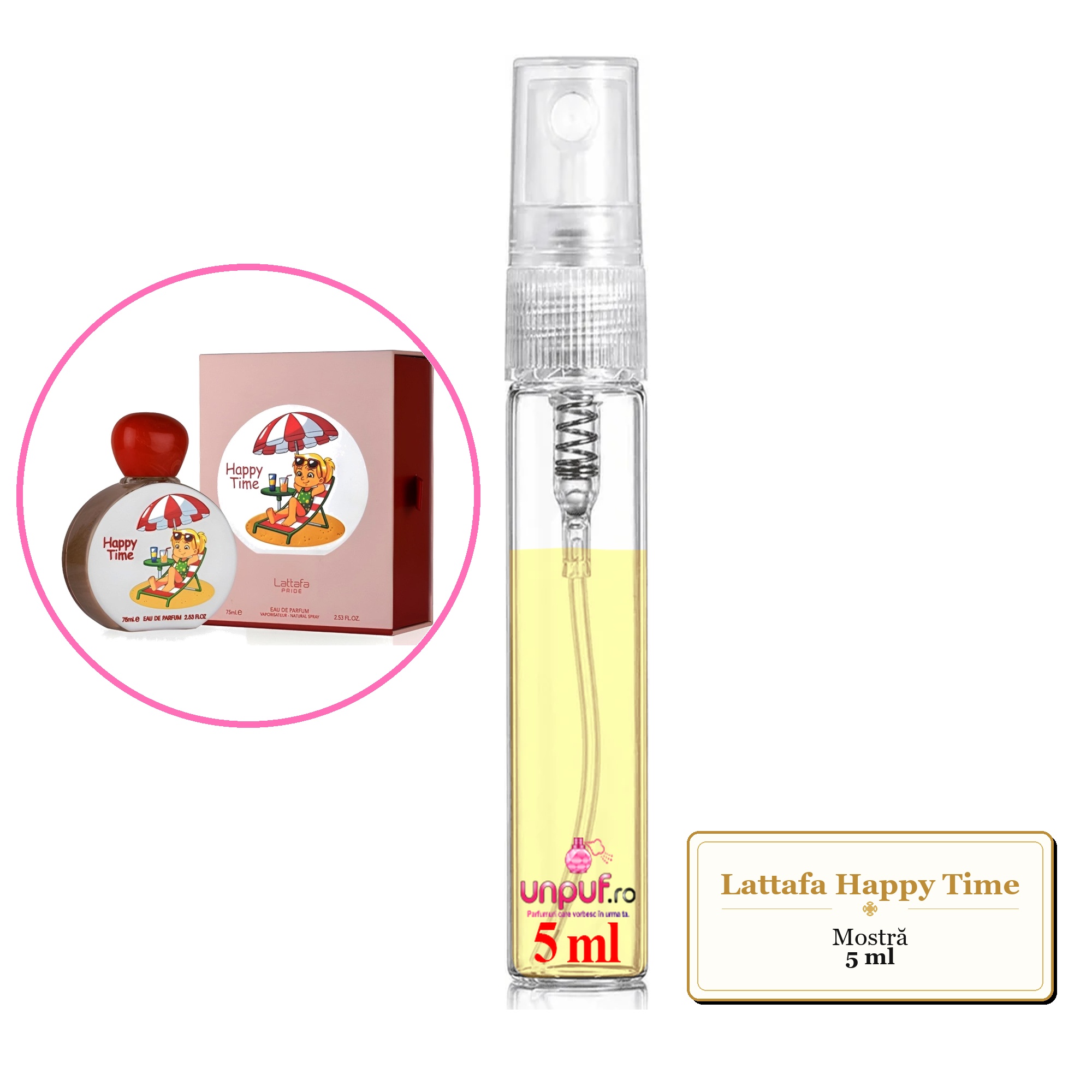 Mostra fiola din Parfumul Lattafa Happy Time, decant sticla cu pulverizator