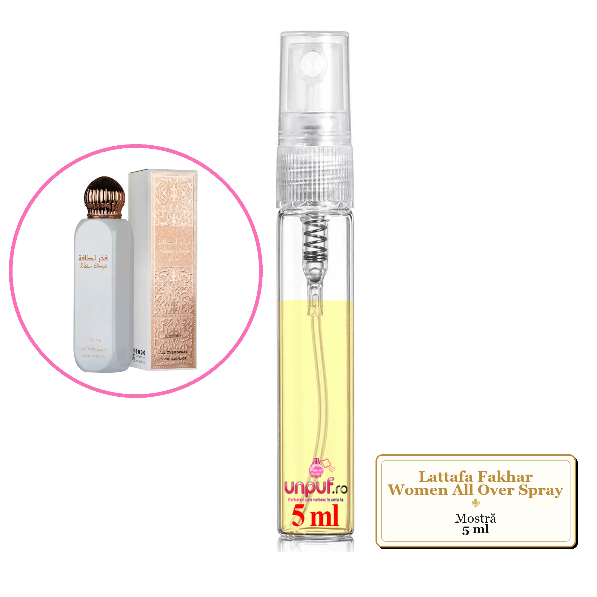 Mostra fiola din Parfumul Lattafa Fakhar Women All Over Spray, decant sticla cu pulverizator