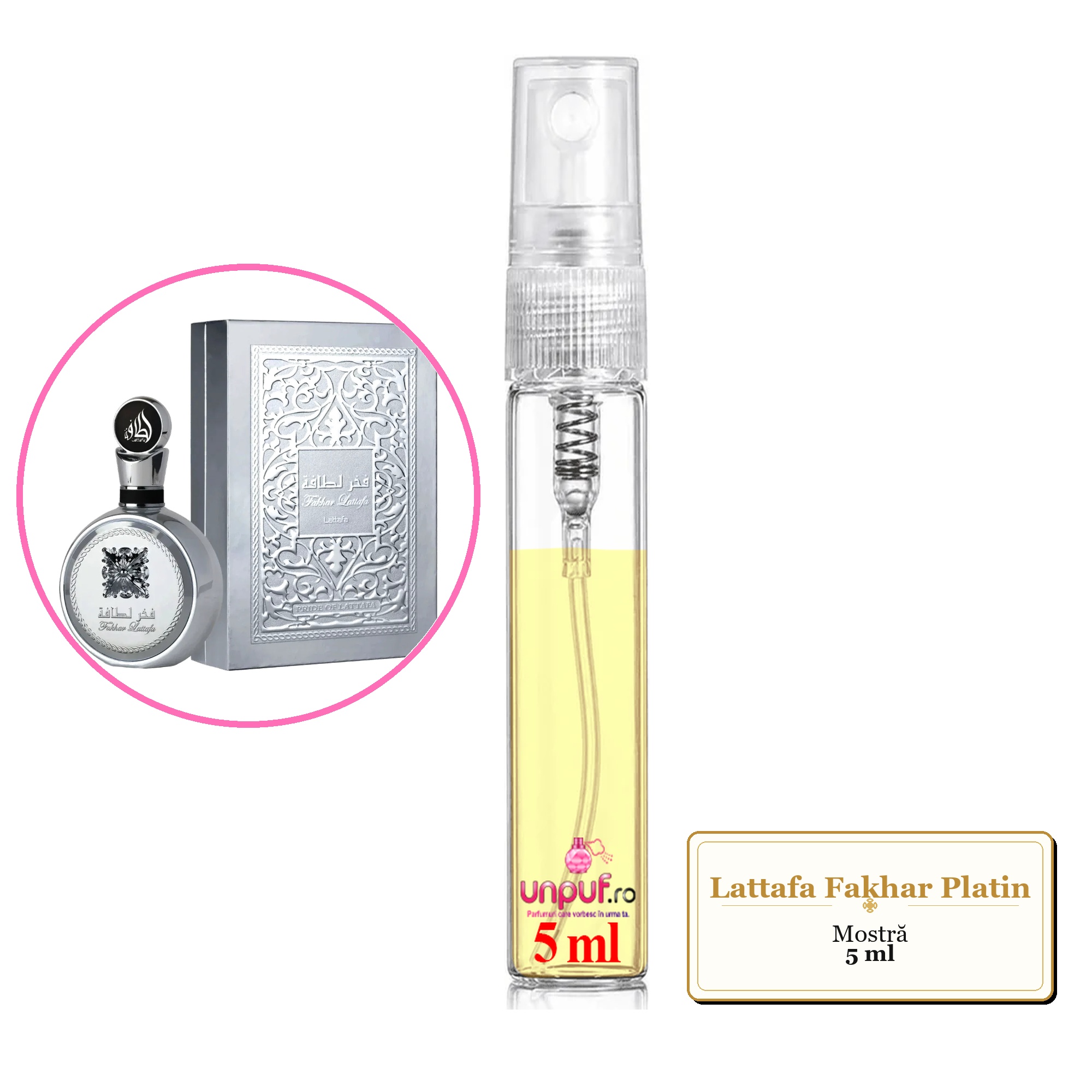 Mostra fiola din Parfumul Lattafa Fakhar Platin, decant sticla cu pulverizator 