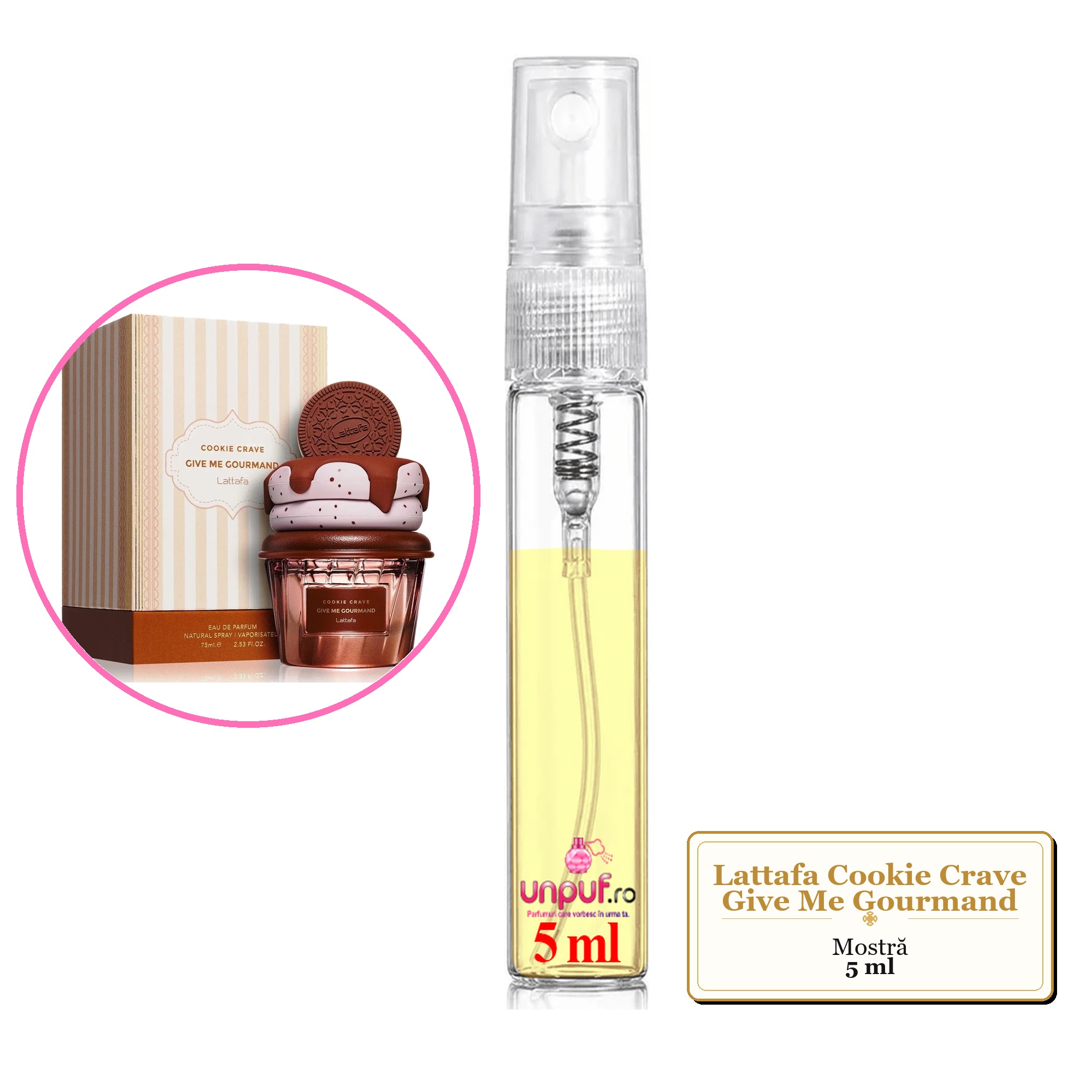 Mostra fiola din Parfumul Lattafa Cookie Crave Give Me Gourmand, decant sticla cu pulverizator