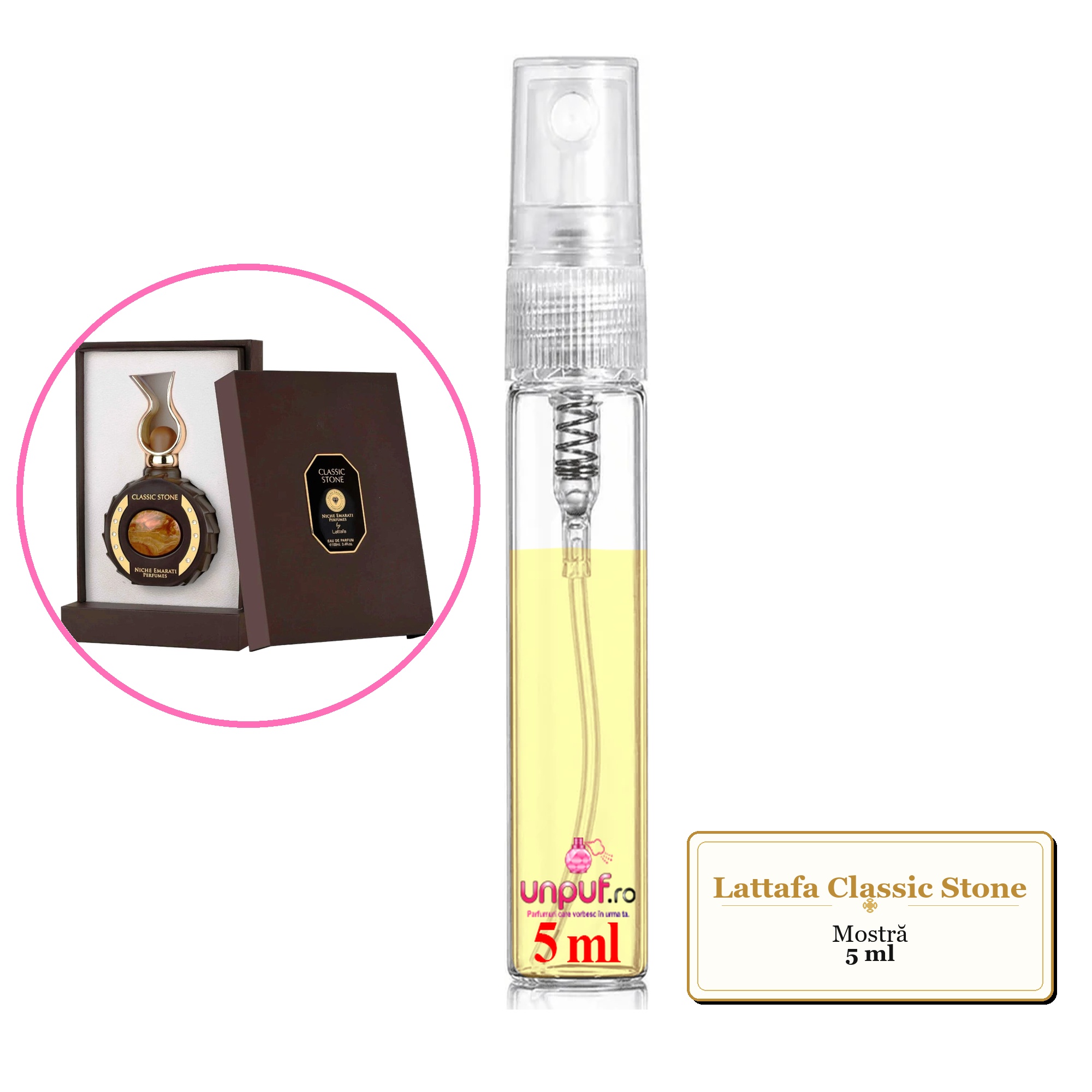 Mostra fiola din Parfumul Lattafa Classic Stone, decant sticla cu pulverizator