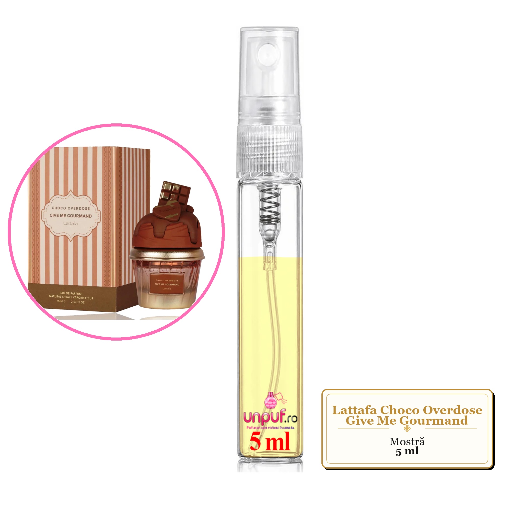 Mostra fiola din Parfumul Lattafa Choco Overdose Give Me Gourmand, decant sticla cu pulverizator