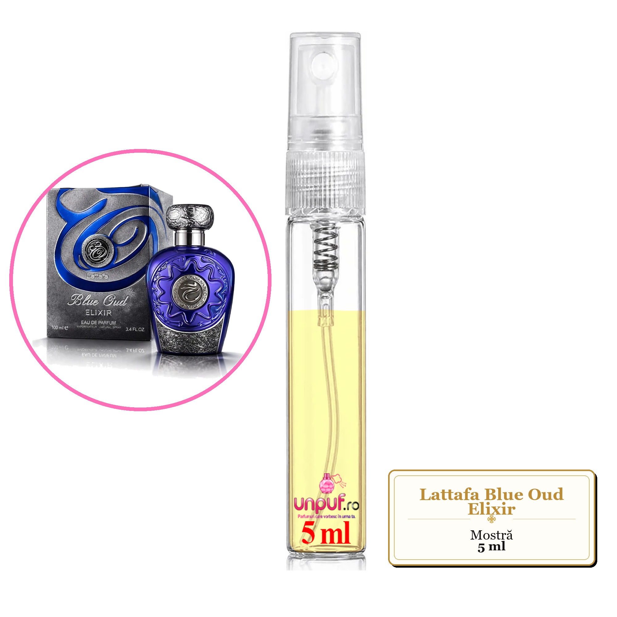 Mostra fiola din Parfumul Lattafa Blue Oud Elixir, decant sticla cu pulverizator