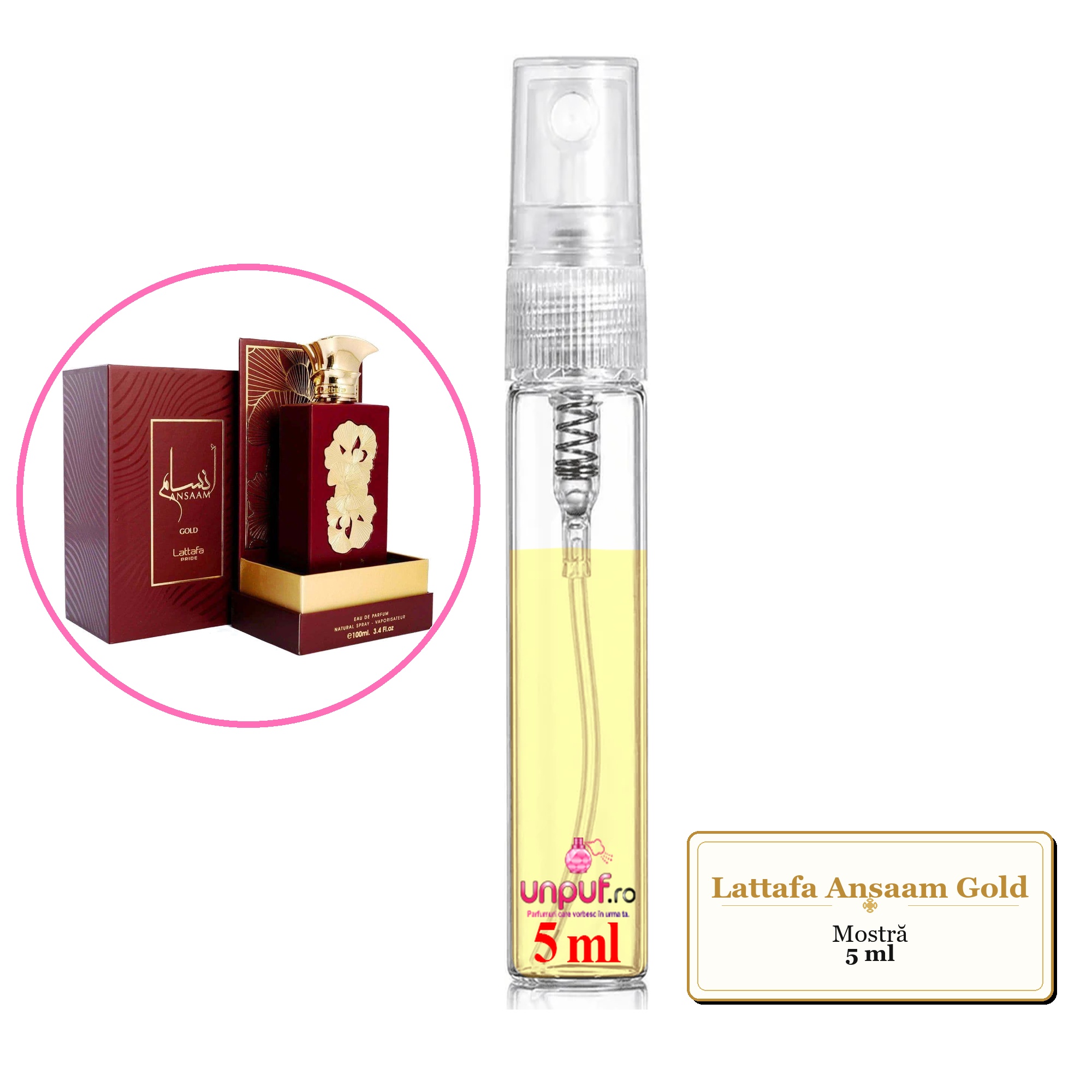 Mostra fiola din Parfumul Lattafa Ansaam Gold, decant sticla cu pulverizator 
