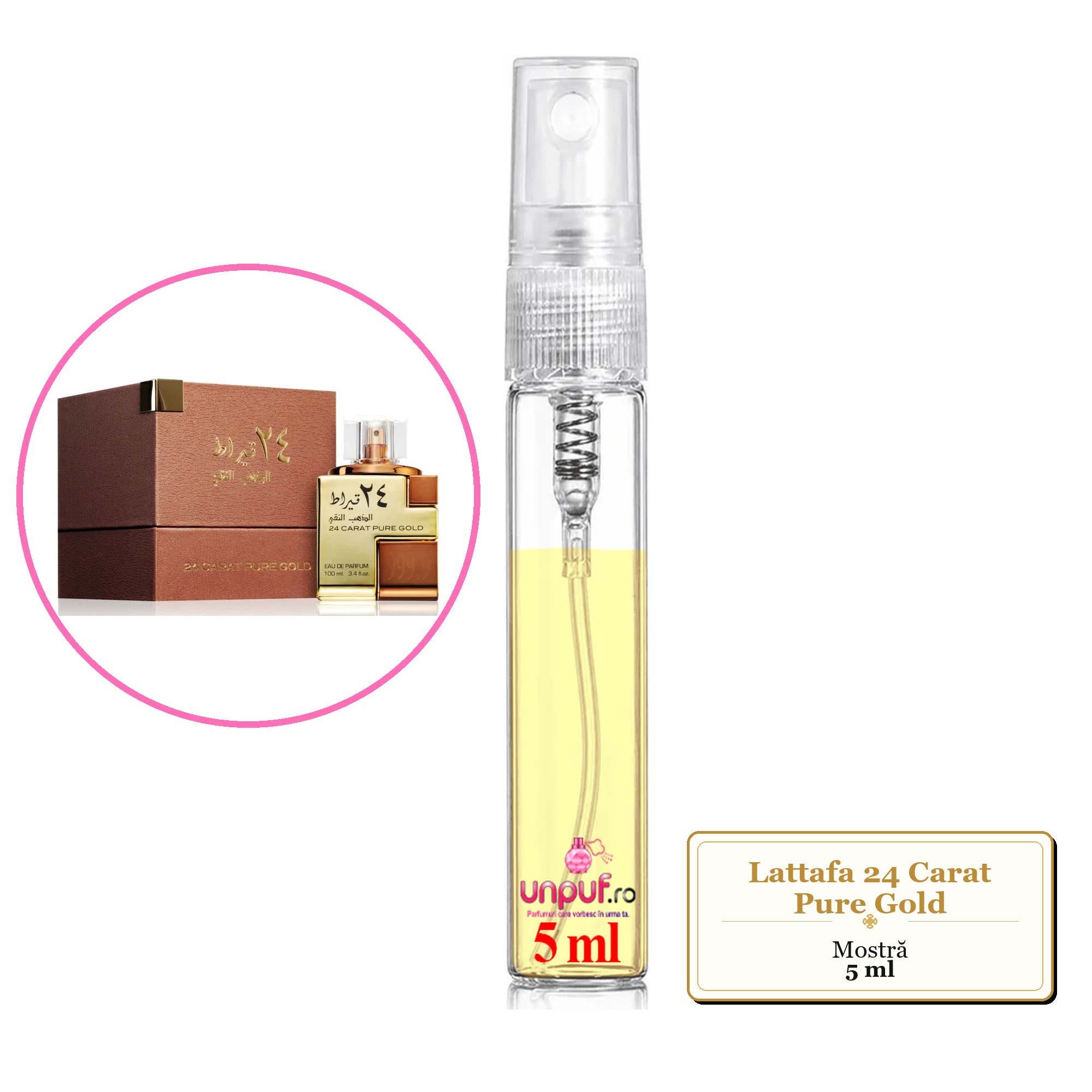 Mostra fiola din Parfumul Lattafa 24 Carat Pure Gold, decant sticla cu pulverizator