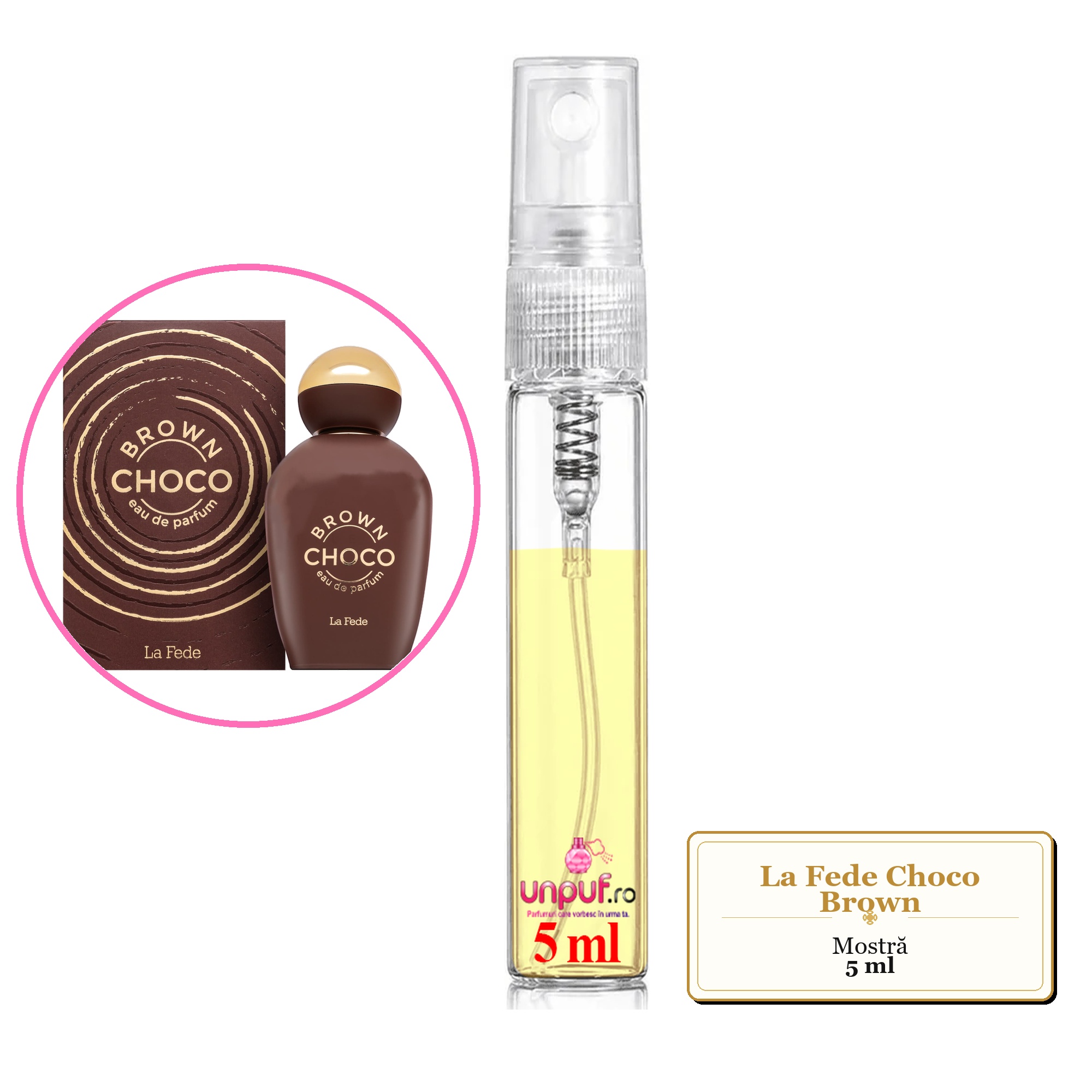 Mostra fiola din Parfumul La Fede Choco Brown, decant sticla cu pulverizator 