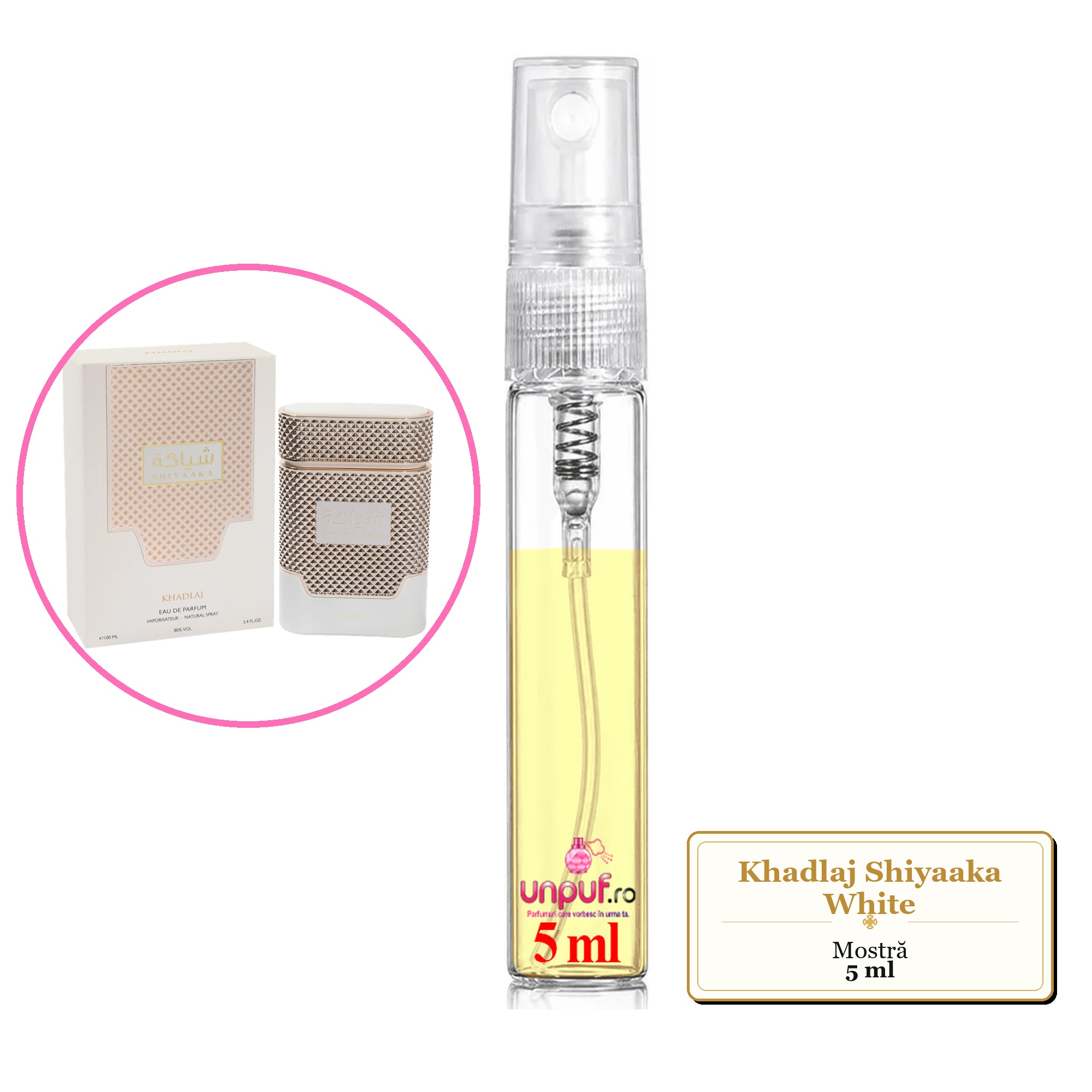 Mostra fiola din Parfumul Khadlaj Shiyaaka White, decant sticla cu pulverizator