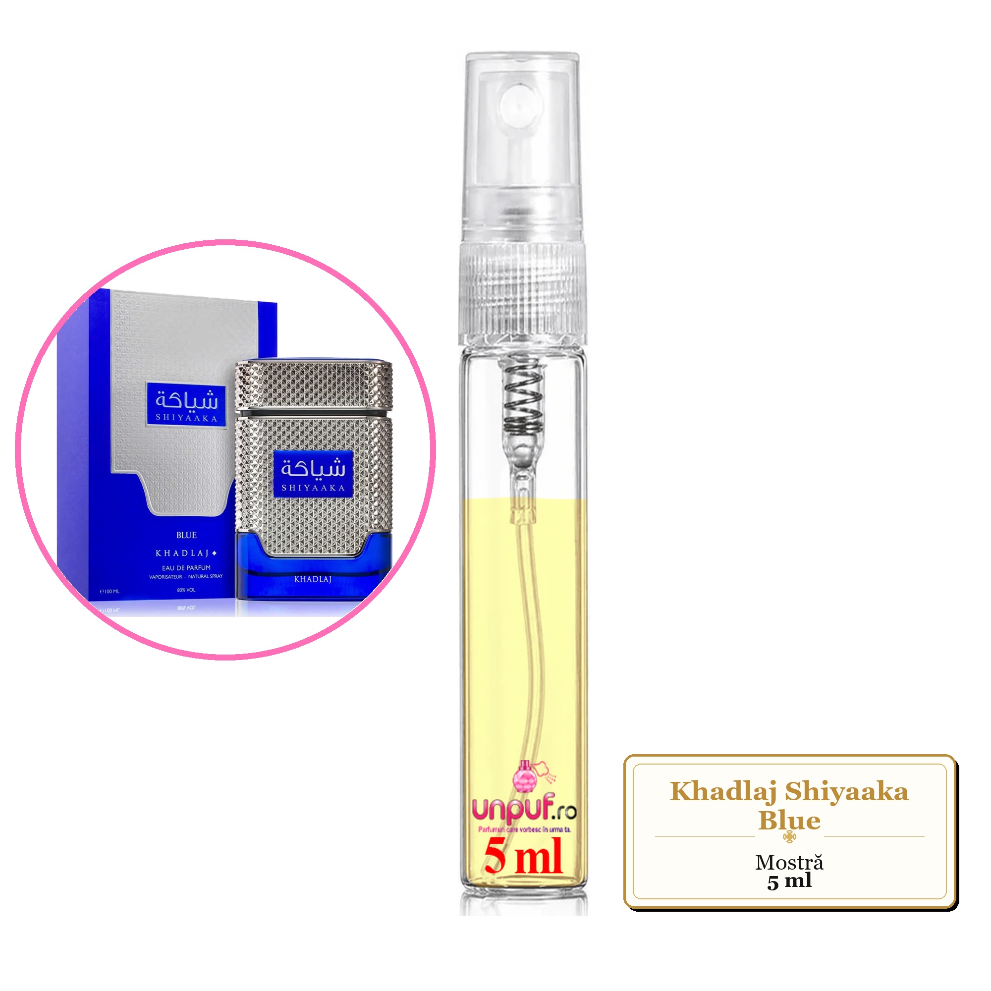 Mostra fiola din Parfumul Khadlaj Shiyaaka Blue, decant sticla cu pulverizator