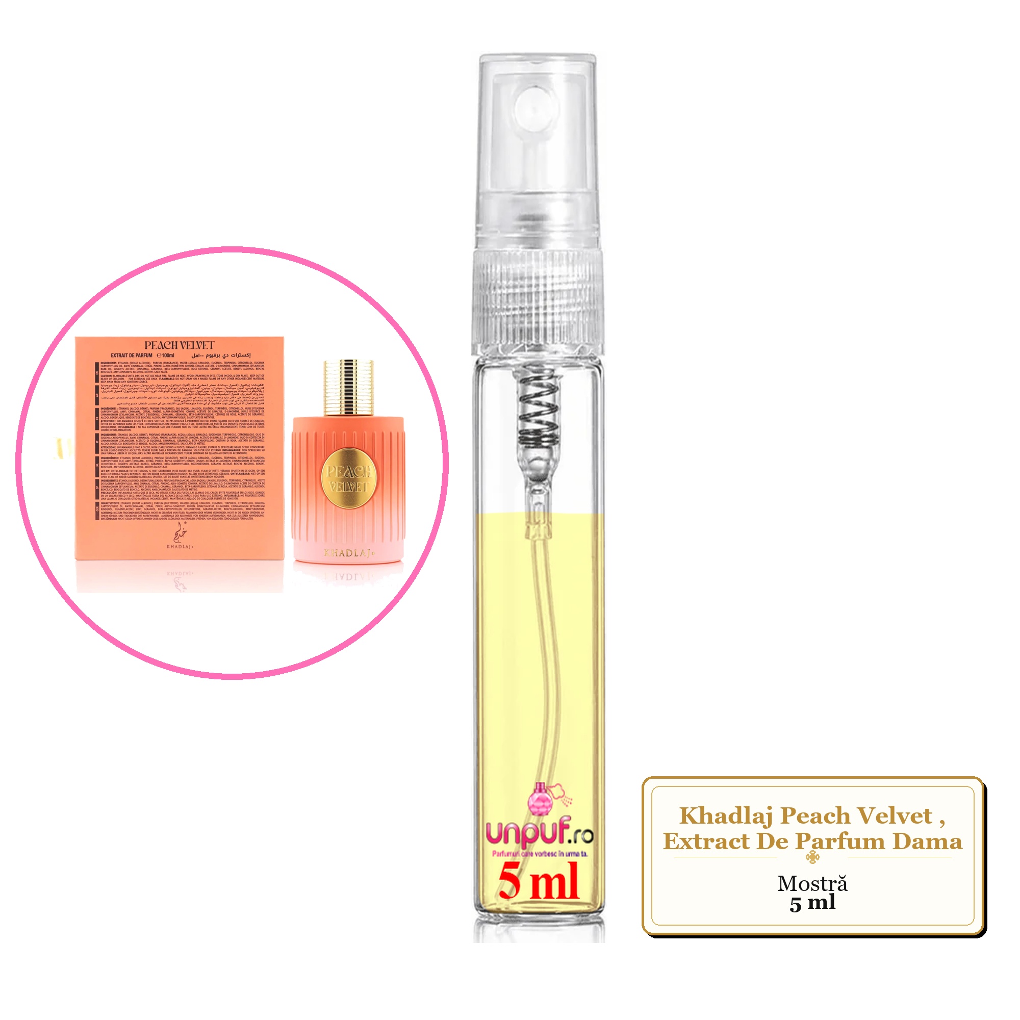 Mostra fiola din Parfumul Khadlaj Peach Velvet, Extract De Parfum Dama, decant sticla cu pulverizator