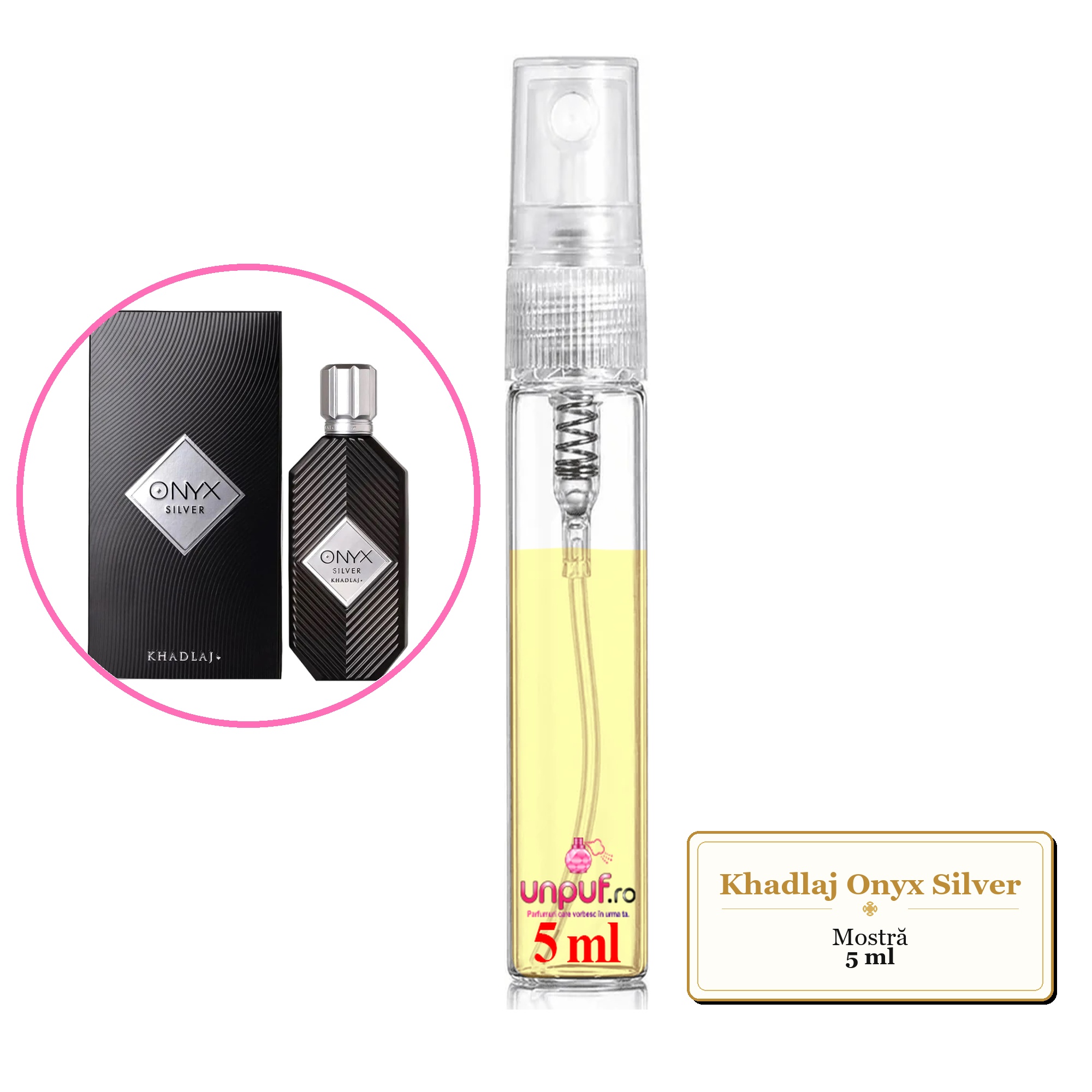 Mostra fiola din Parfumul Khadlaj Onyx Silver, decant sticla cu pulverizator 