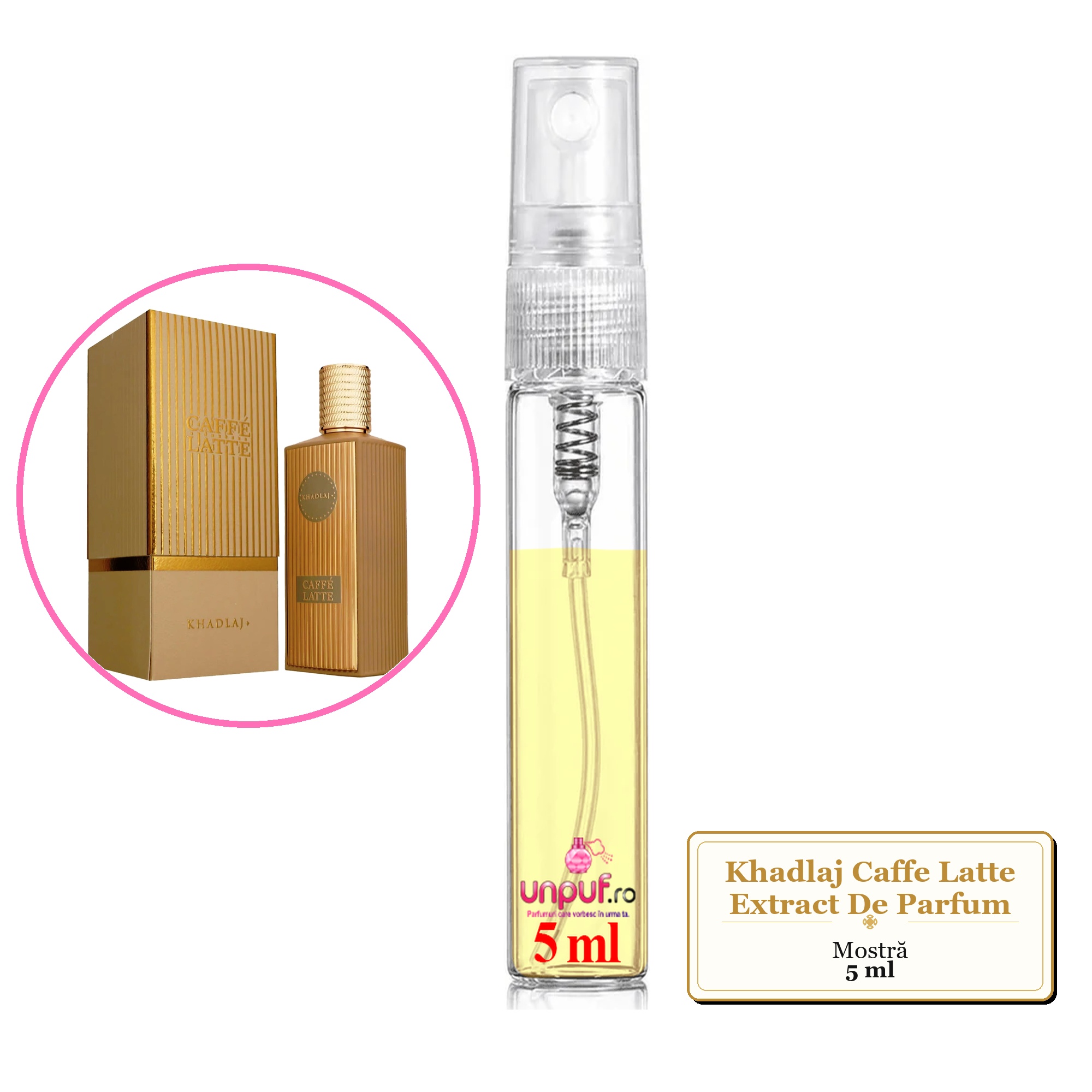 Mostra fiola din Parfumul Khadlaj Caffe Latte Extract De Parfum, decant sticla cu pulverizator