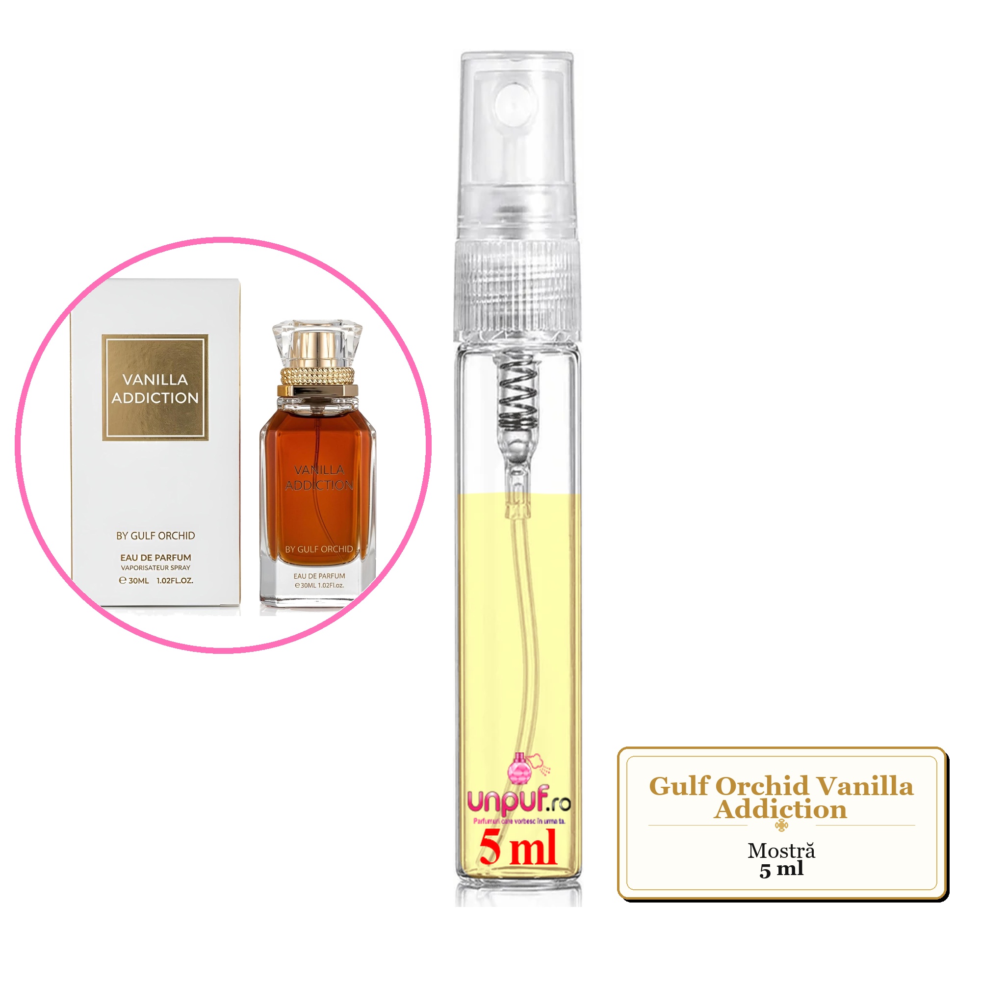 Mostra fiola din Parfumul Gulf Orchid Vanilla Addiction, decant sticla cu pulverizator