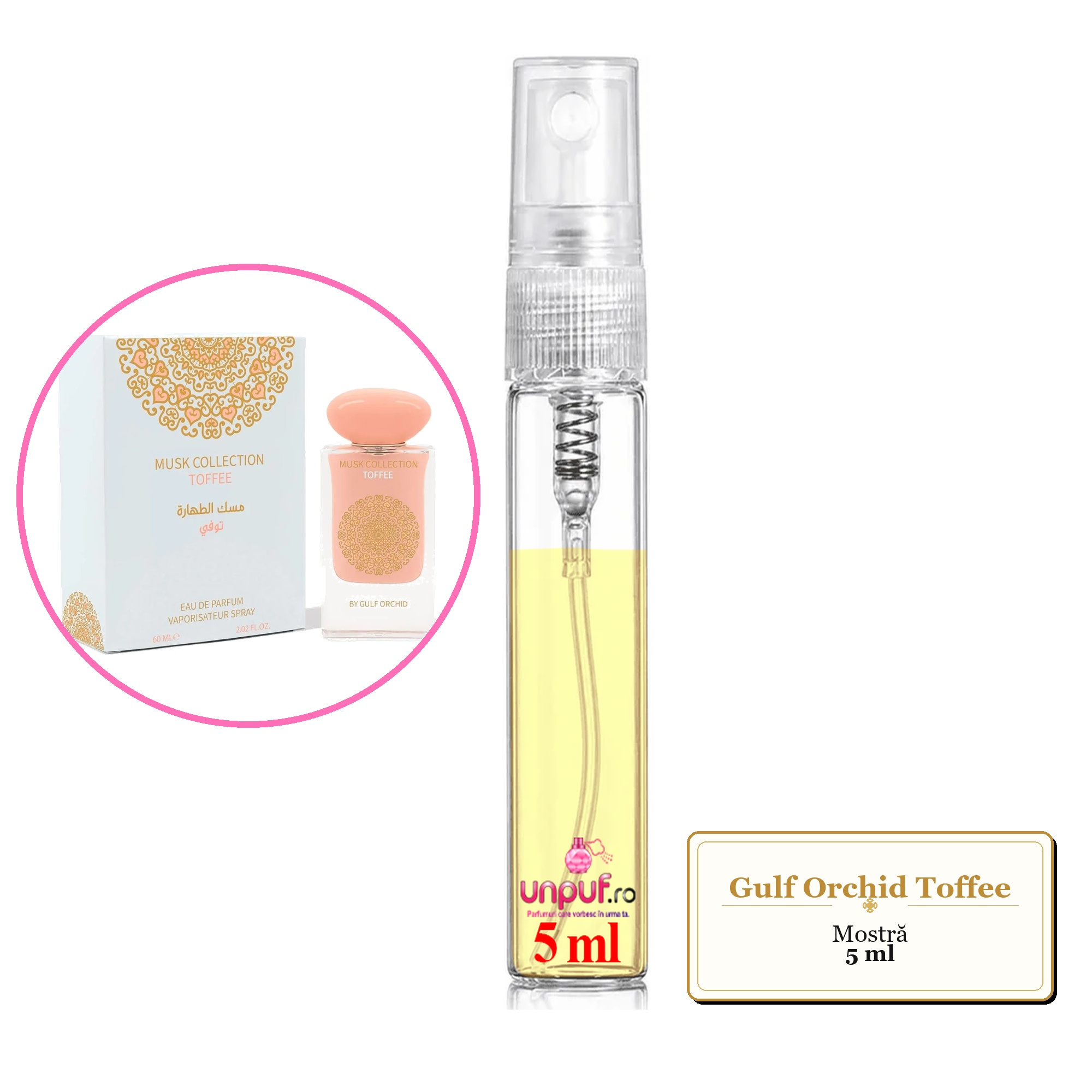 Mostra fiola din Parfumul Gulf Orchid Toffee, decant sticla cu pulverizator