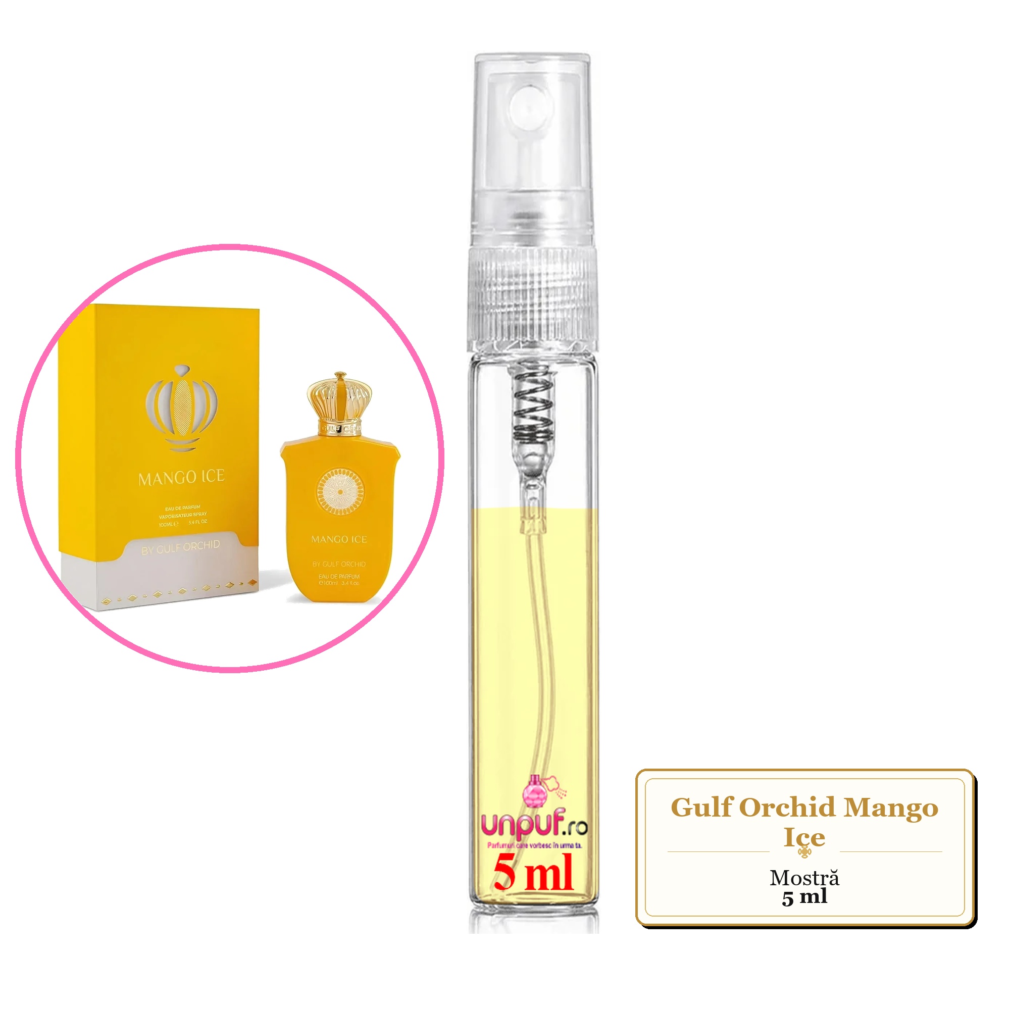 Mostra fiola din Parfumul Gulf Orchid Mango Ice, decant sticla cu pulverizator