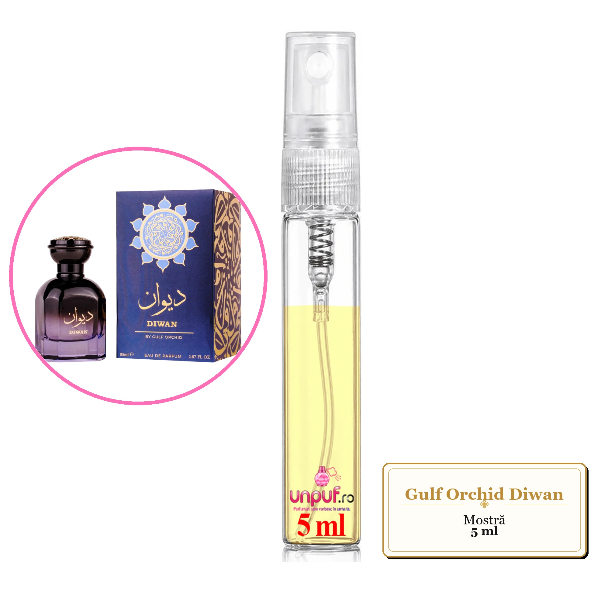 Mostra fiola din Parfumul Gulf Orchid Diwan, decant sticla cu pulverizator 