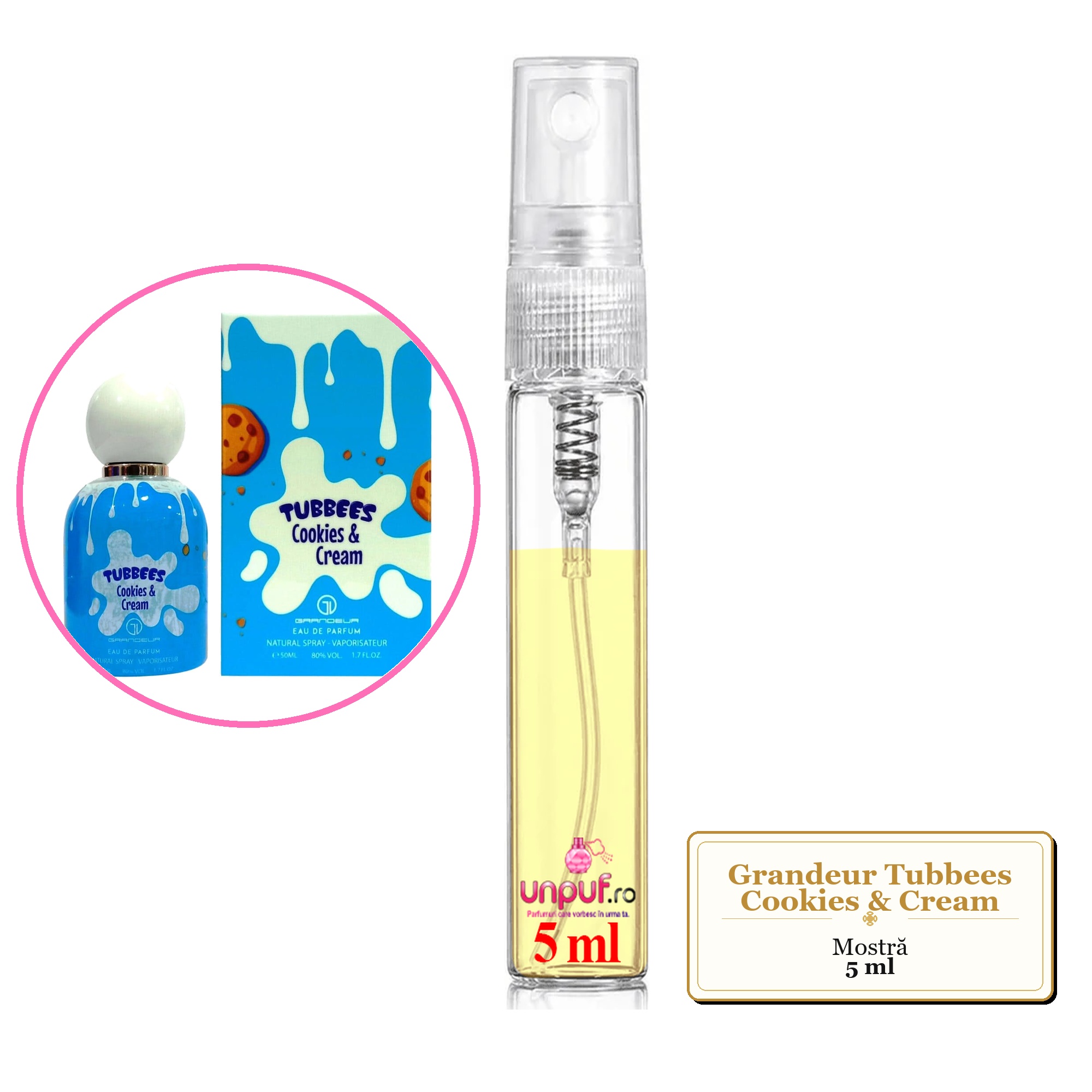 Mostra fiola din Parfumul Grandeur Tubbees Cookies & Cream, decant sticla cu pulverizator 