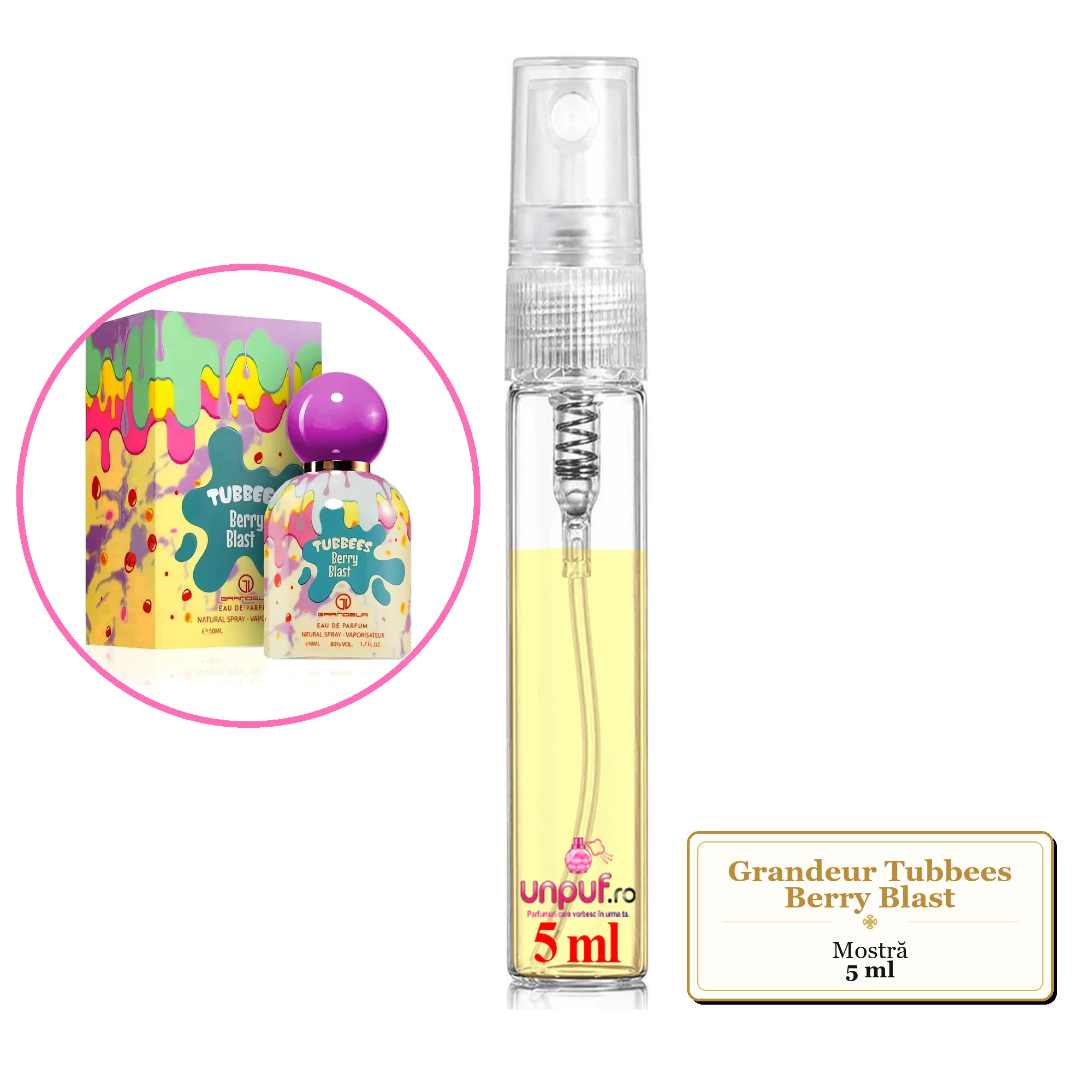 Mostra fiola din Parfumul Grandeur Tubbees Berry Blast, decant sticla cu pulverizator 