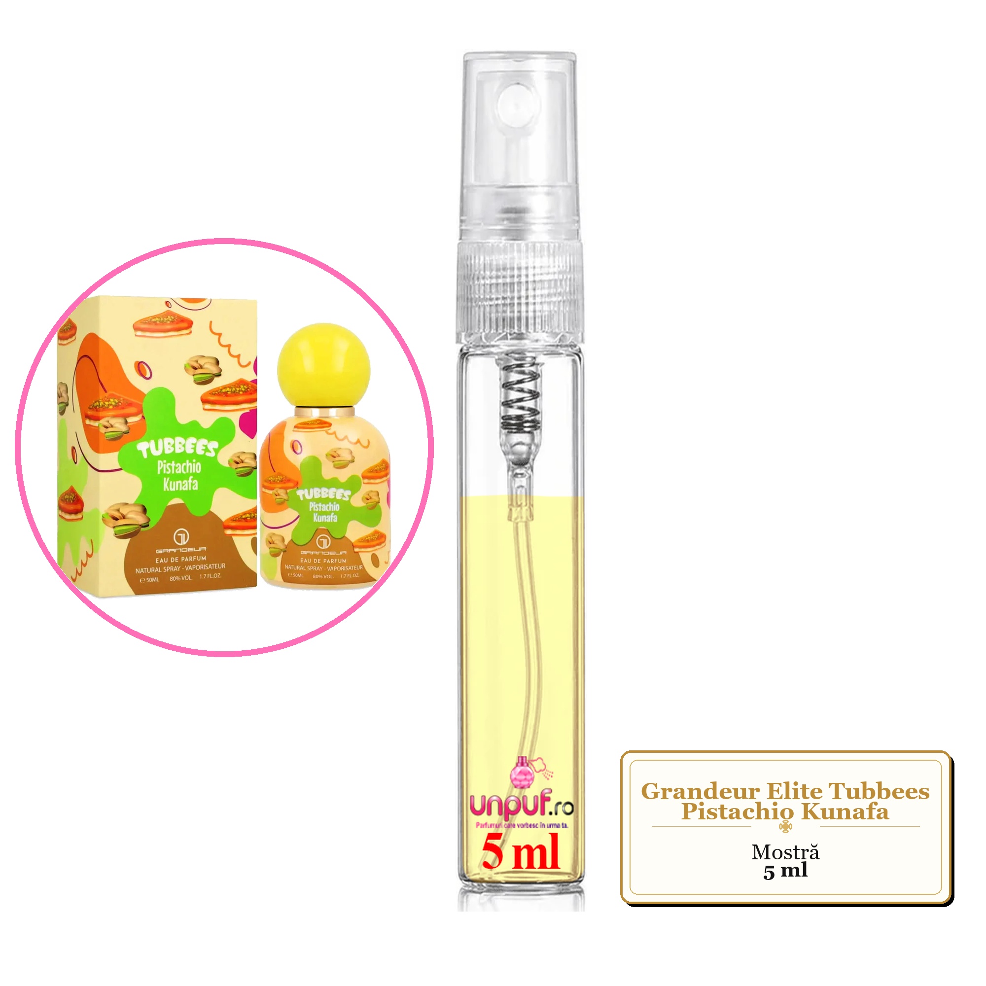 Mostra fiola din Parfumul Grandeur Elite Tubbees Pistachio Kunafa, decant sticla cu pulverizator