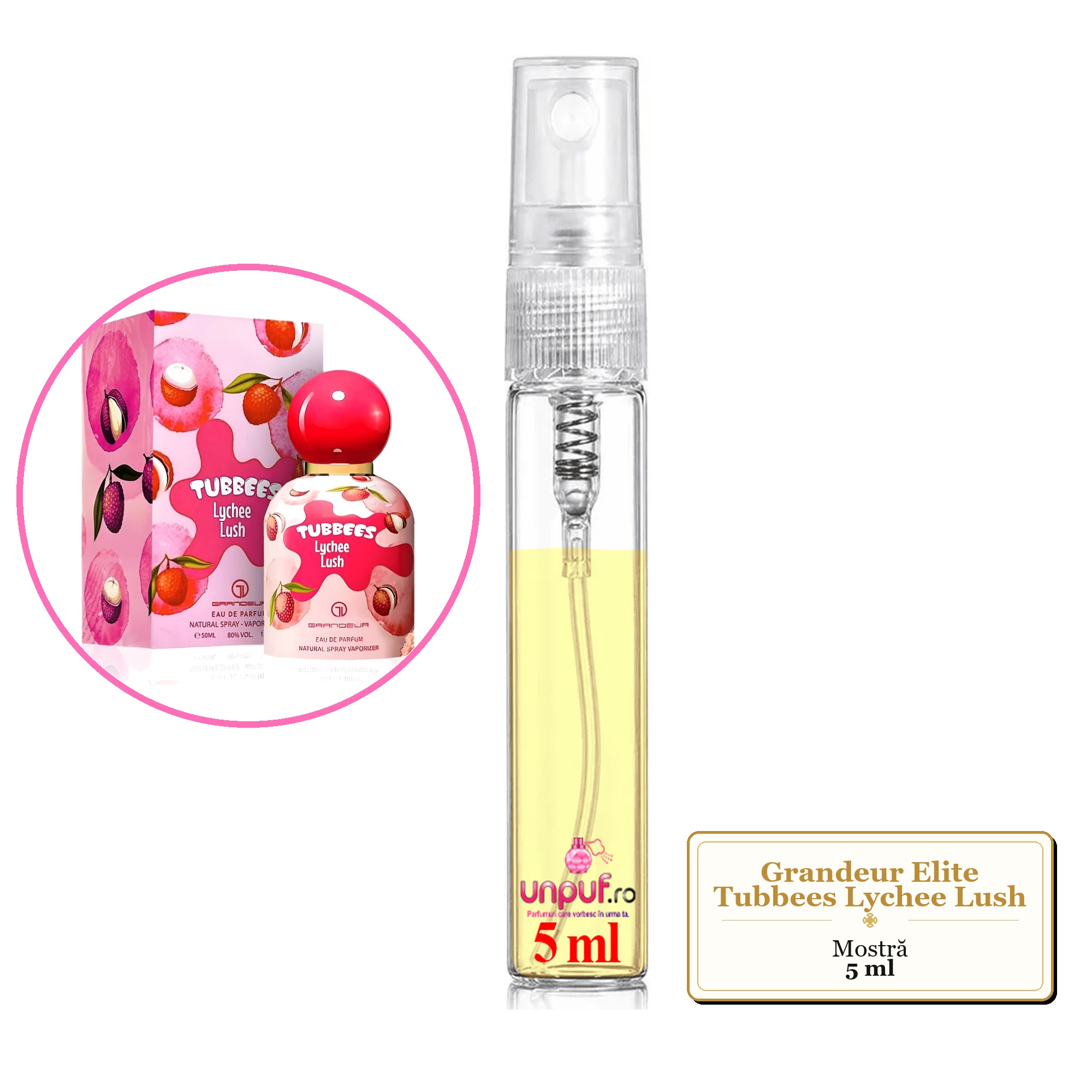 Mostra fiola din Parfumul Grandeur Elite Tubbees Lychee Lush, decant sticla cu pulverizator