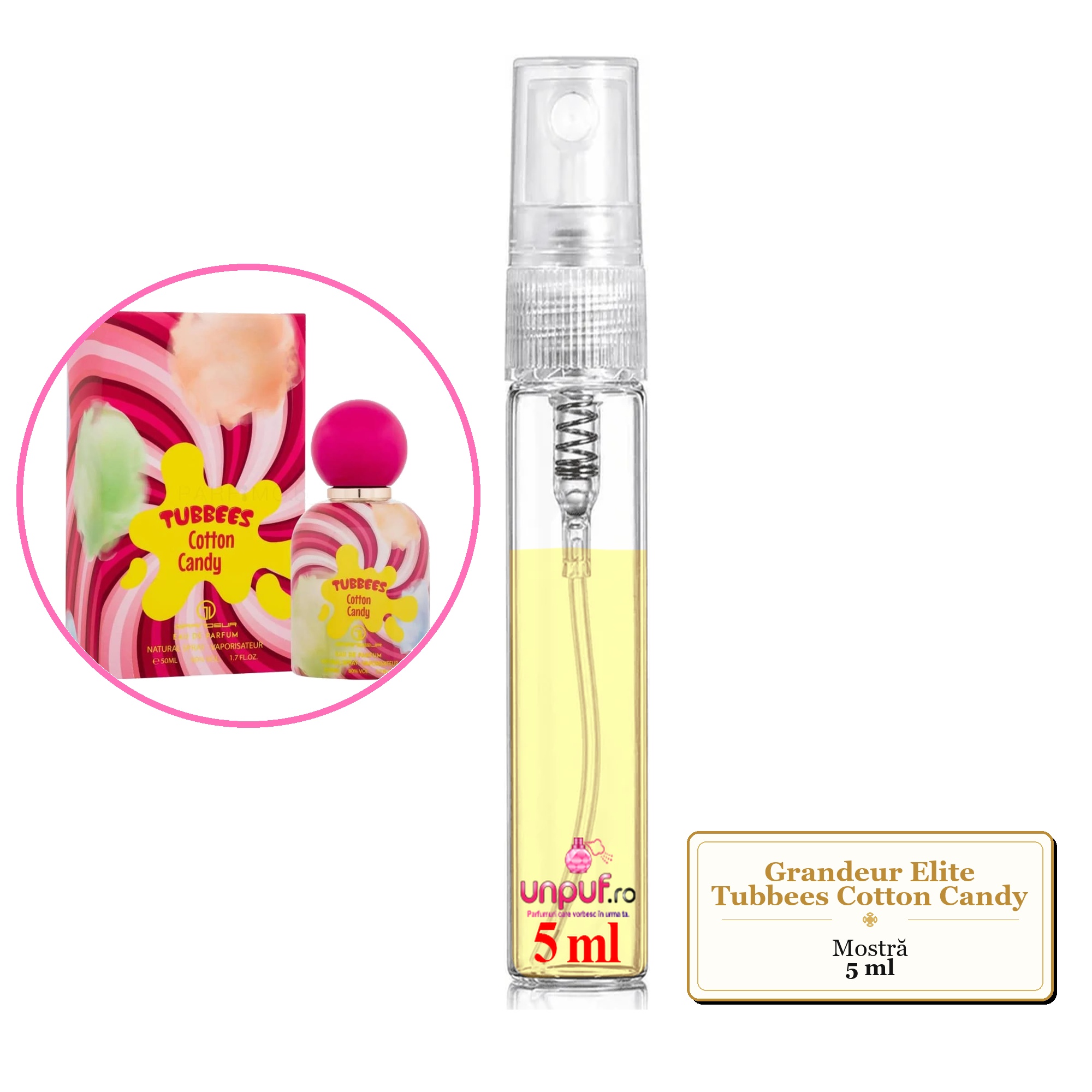 Mostra fiola din Parfumul Grandeur Elite Tubbees Cotton Candy, decant sticla cu pulverizator