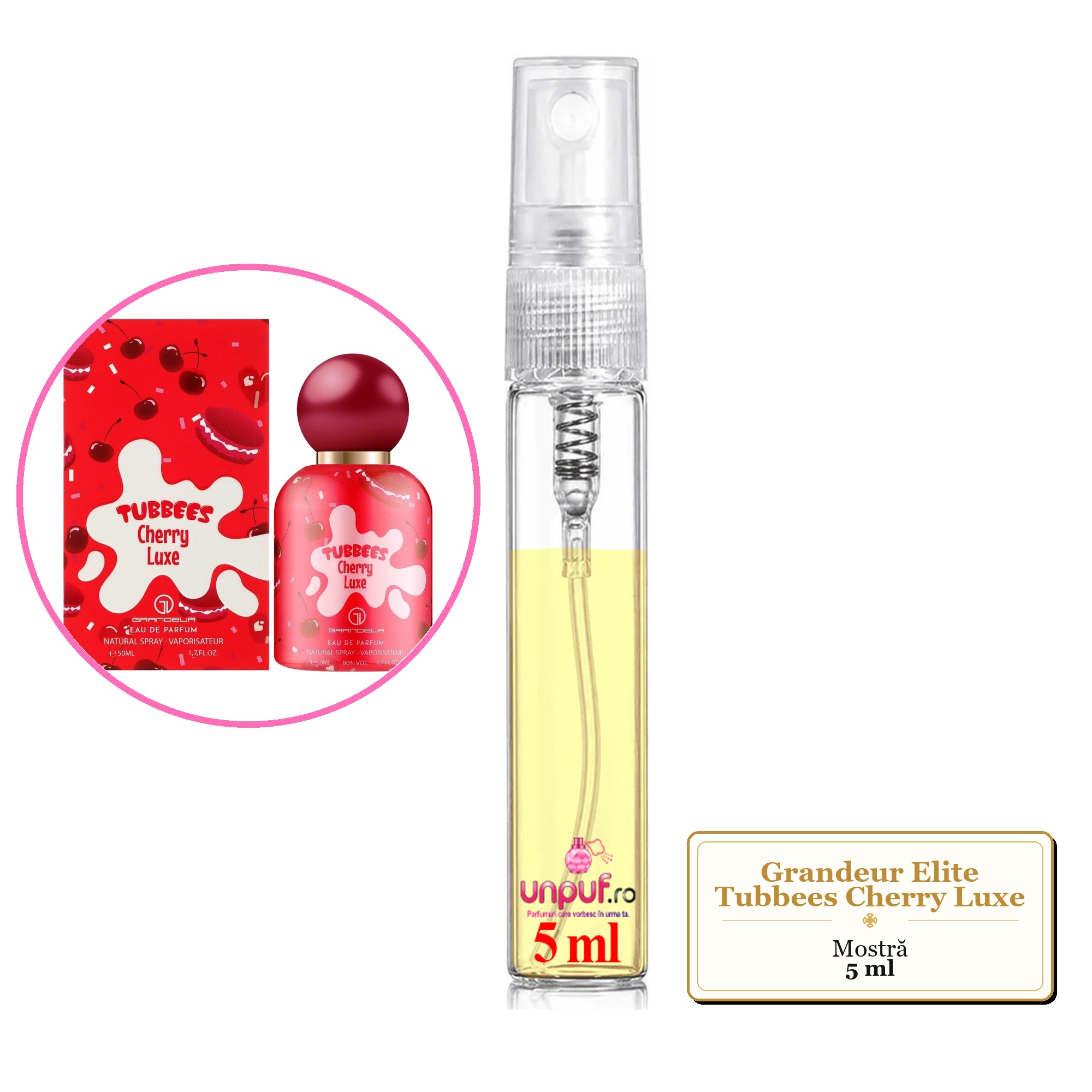 Mostra fiola din Parfumul Grandeur Elite Tubbees Cherry Luxe, decant sticla cu pulverizator 