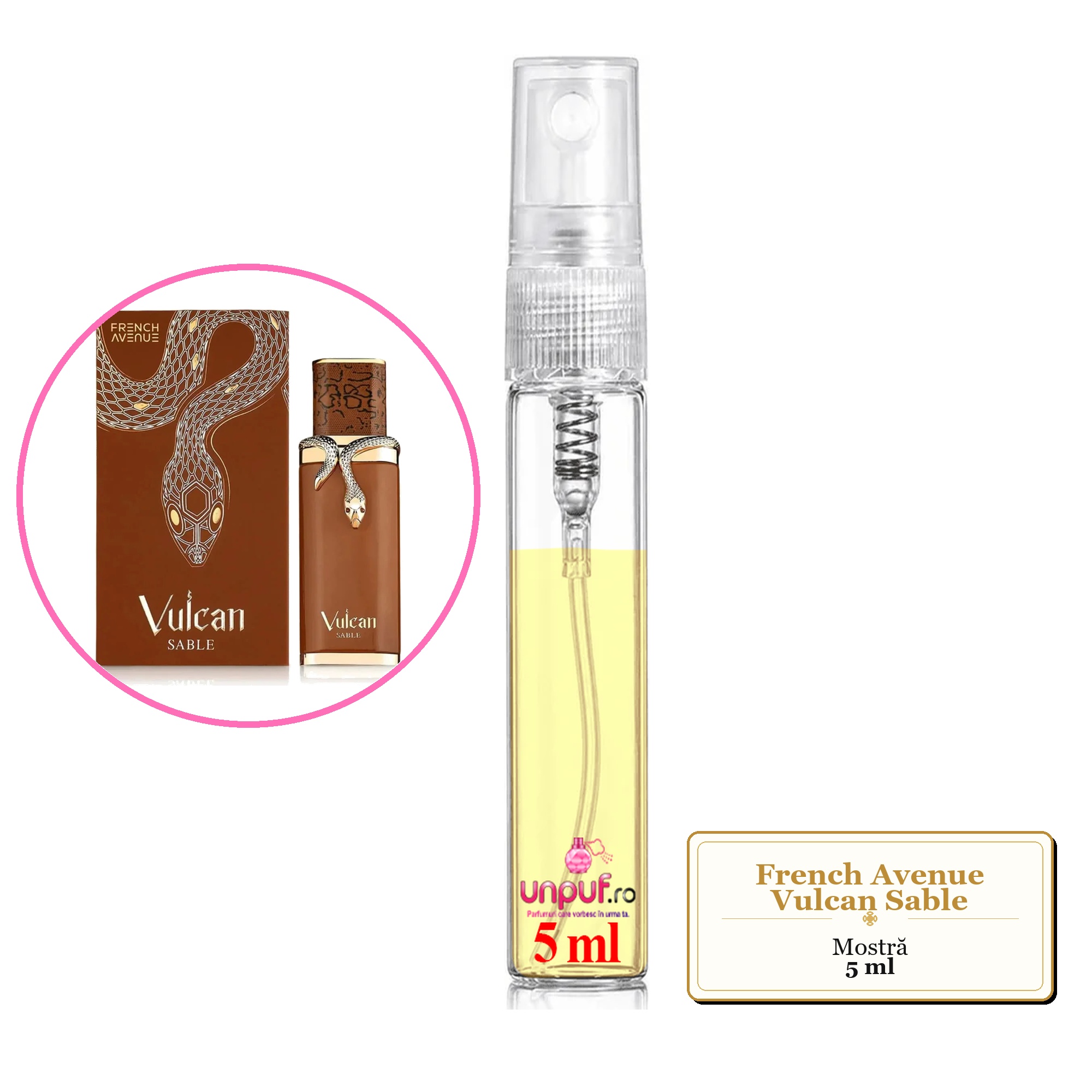 Mostra fiola din Parfumul French Avenue Vulcan Sable, decant sticla cu pulverizator