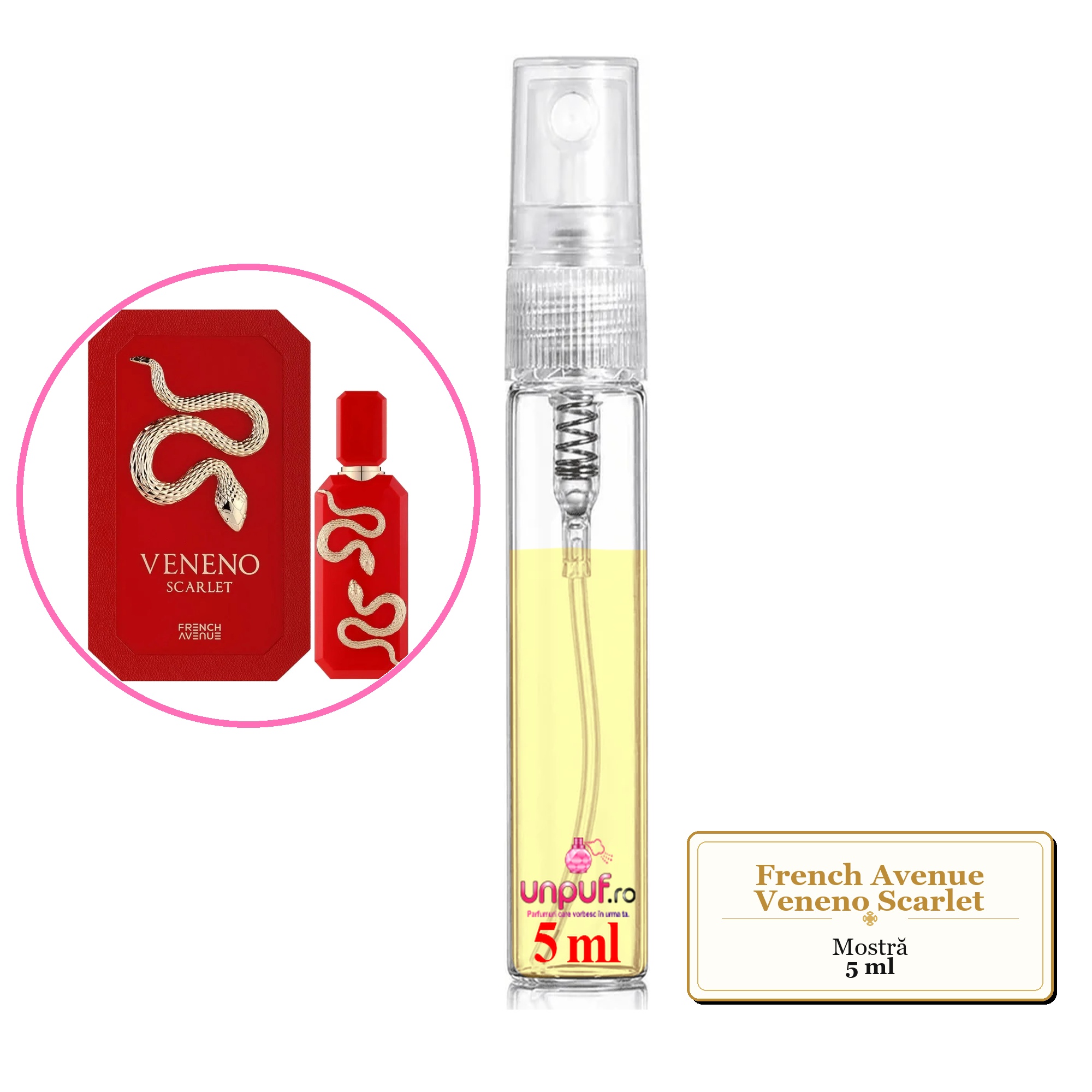 Mostra fiola din Parfumul French Avenue Veneno Scarlet, decant sticla cu pulverizator 