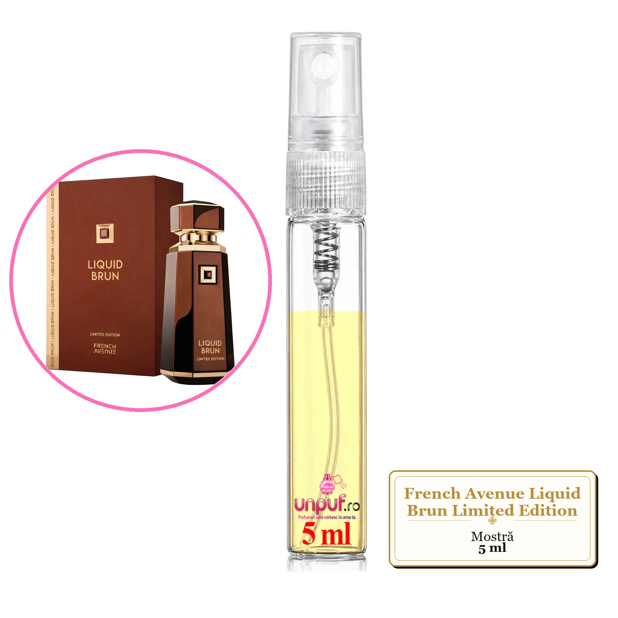Mostra fiola din Parfumul French Avenue Liquid Brun Limited Edition, decant sticla cu pulverizator