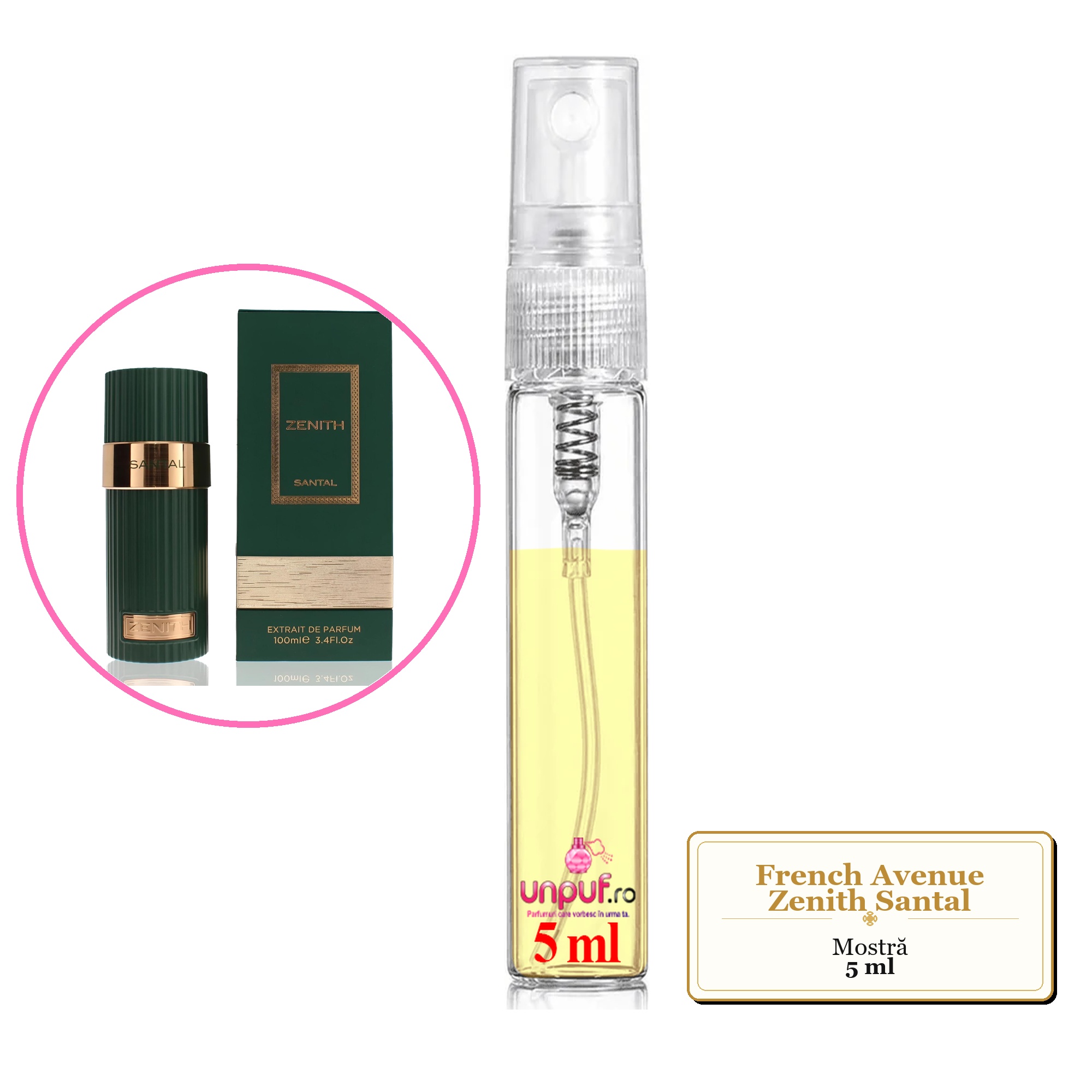 Mostra fiola din Parfumul French Avenue Zenith Santal, decant sticla cu pulverizator