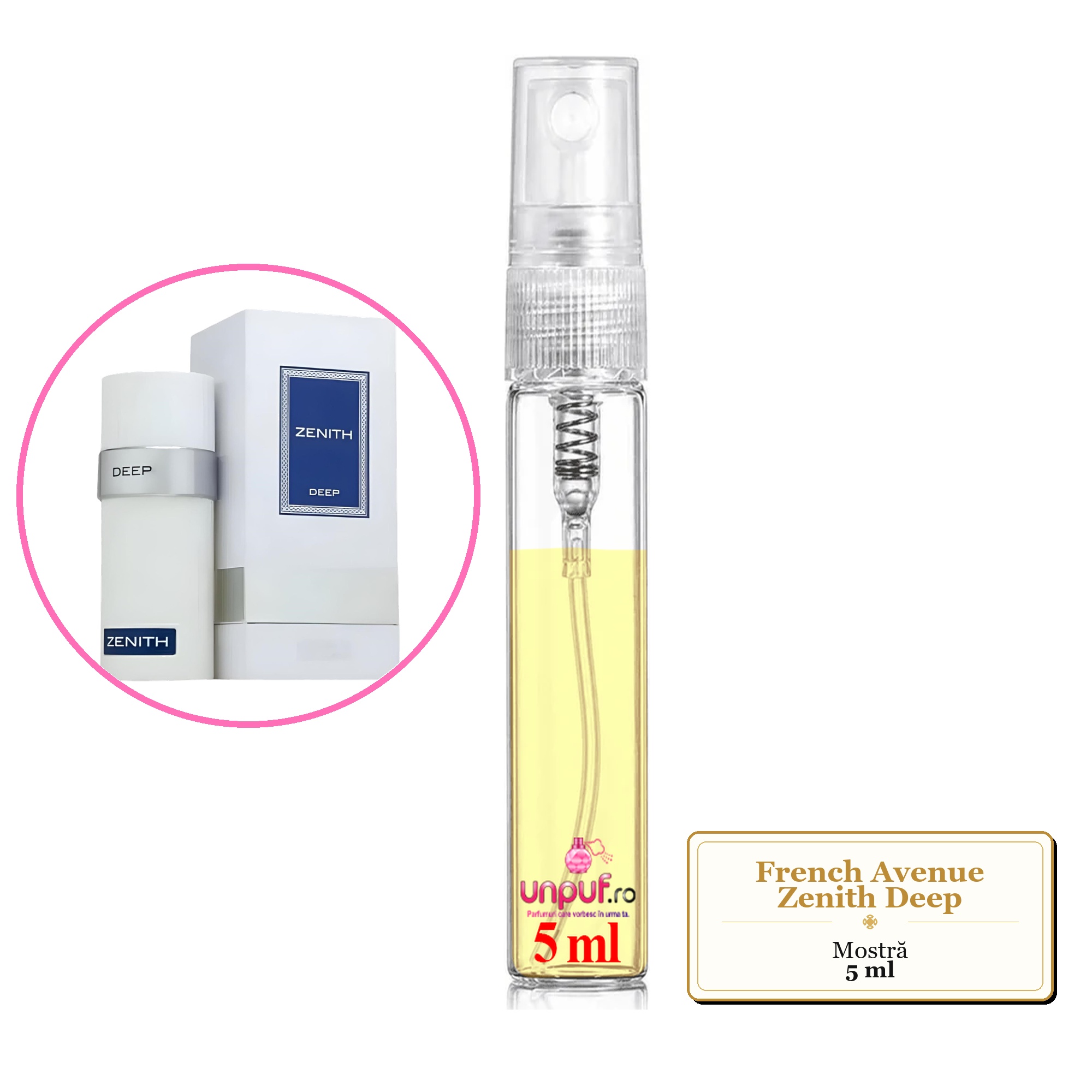 Mostra fiola din Parfumul French Avenue Zenith Deep, decant sticla cu pulverizator 