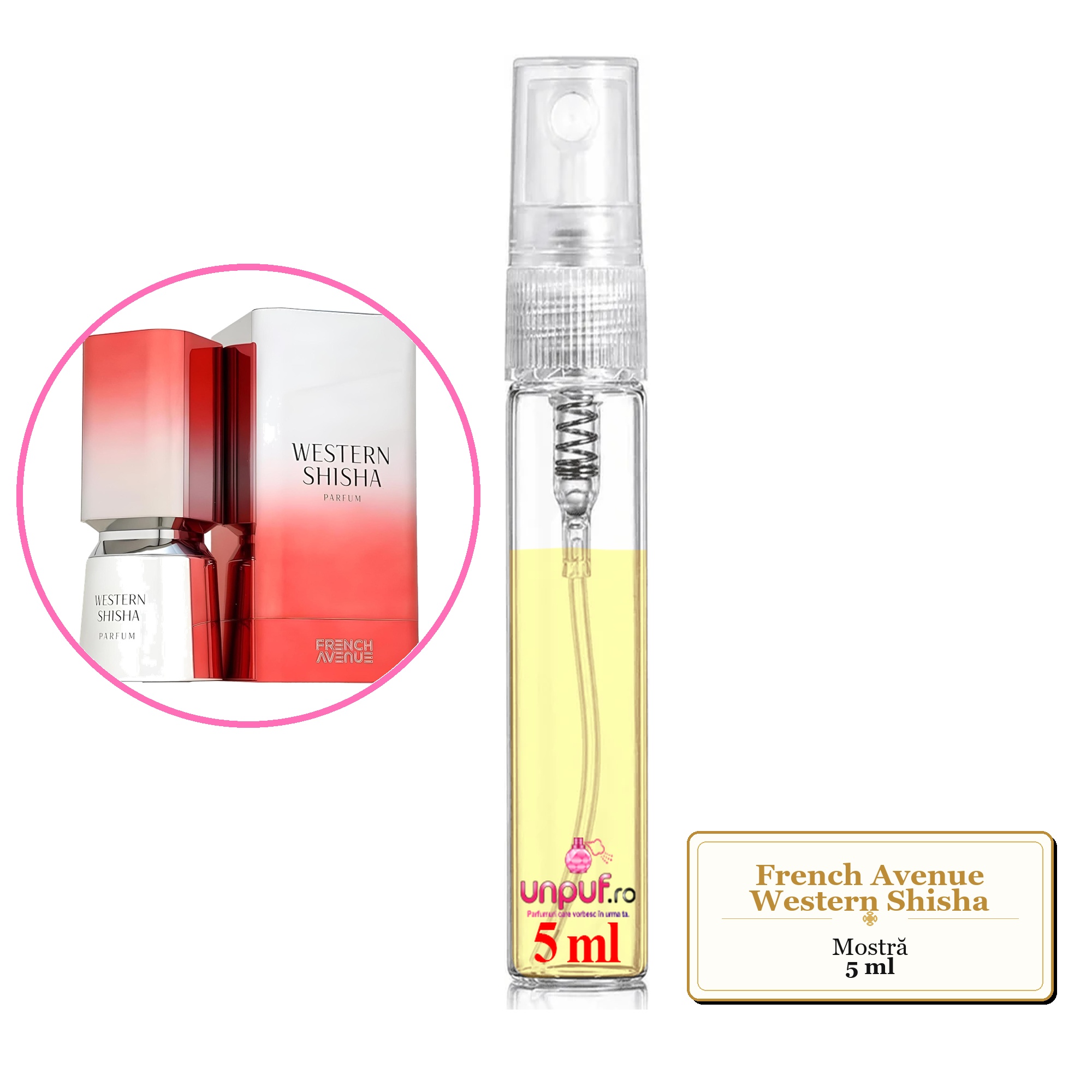 Mostra fiola din Parfumul French Avenue Western Shisha, decant sticla cu pulverizator