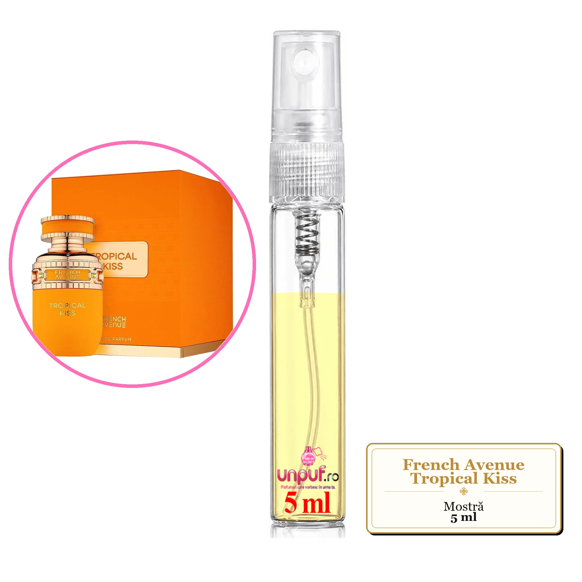 Mostra fiola din Parfumul French Avenue Tropical Kiss, decant sticla cu pulverizator 