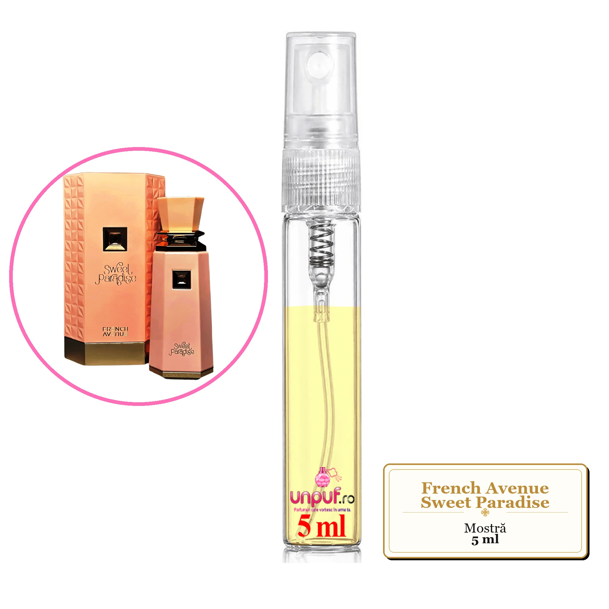 Mostra fiola din Parfumul French Avenue Sweet Paradise, decant sticla cu pulverizator 