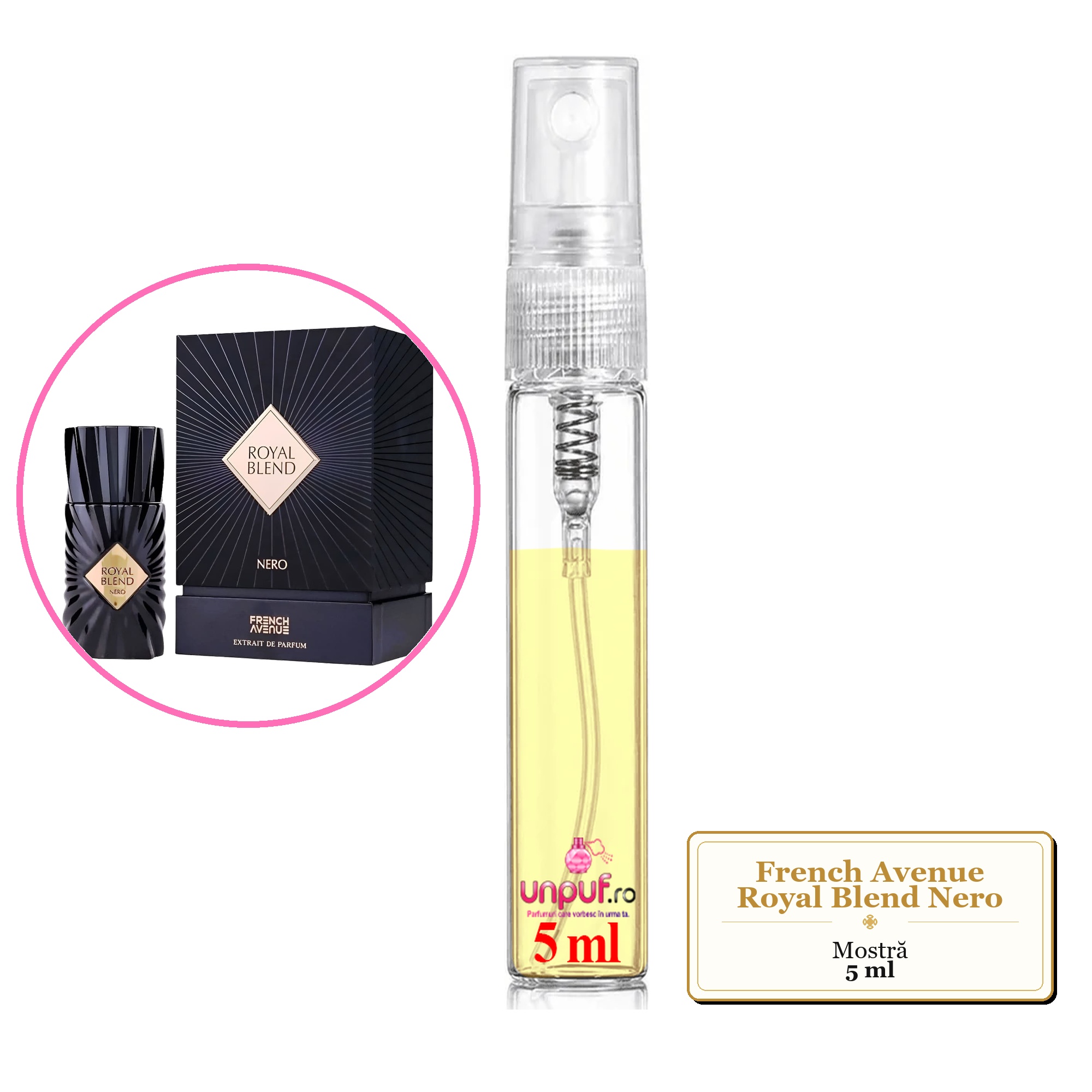 Mostra fiola din Parfumul French Avenue Royal Blend Nero, decant sticla cu pulverizator