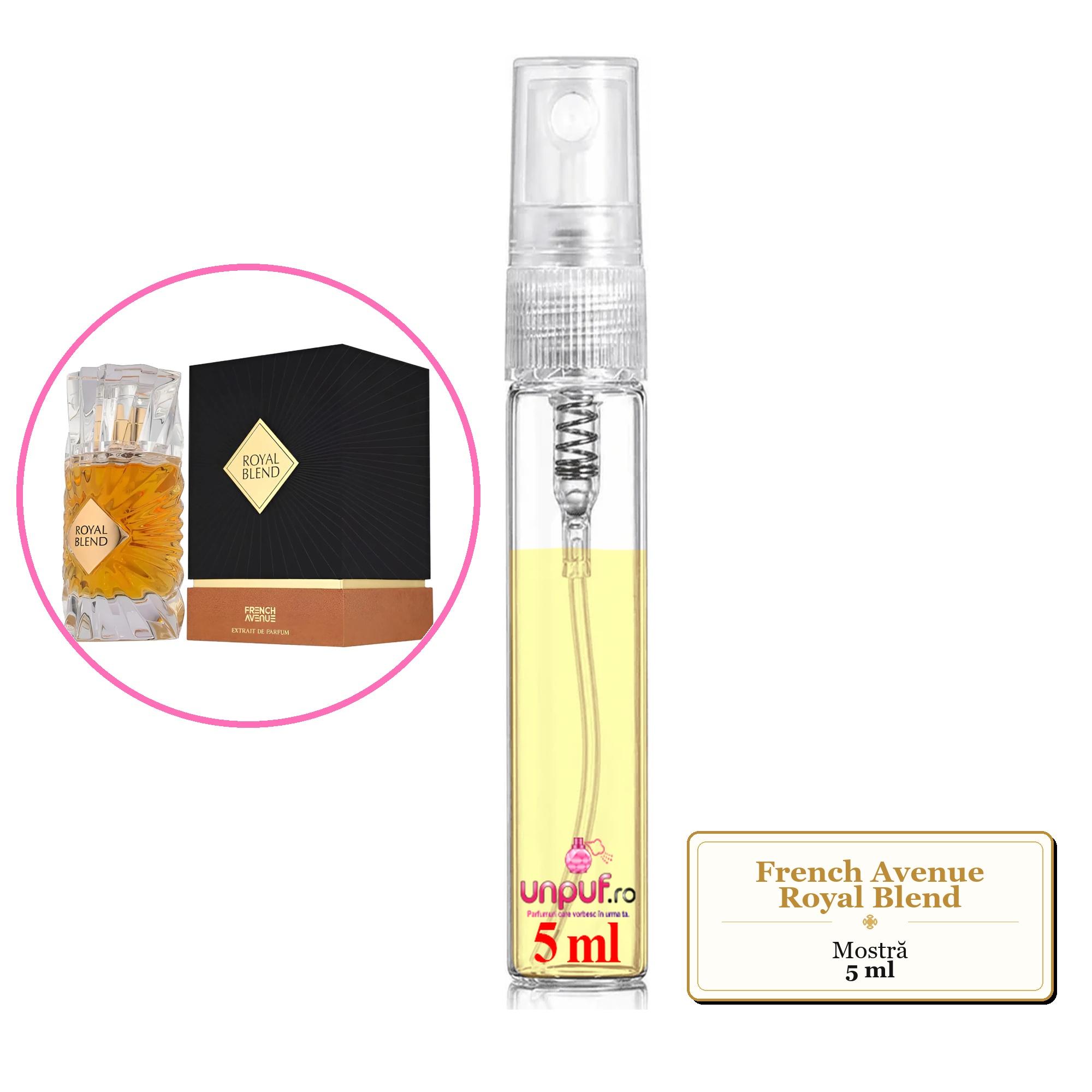Mostra fiola din Parfumul French Avenue Royal Blend, decant sticla cu pulverizator