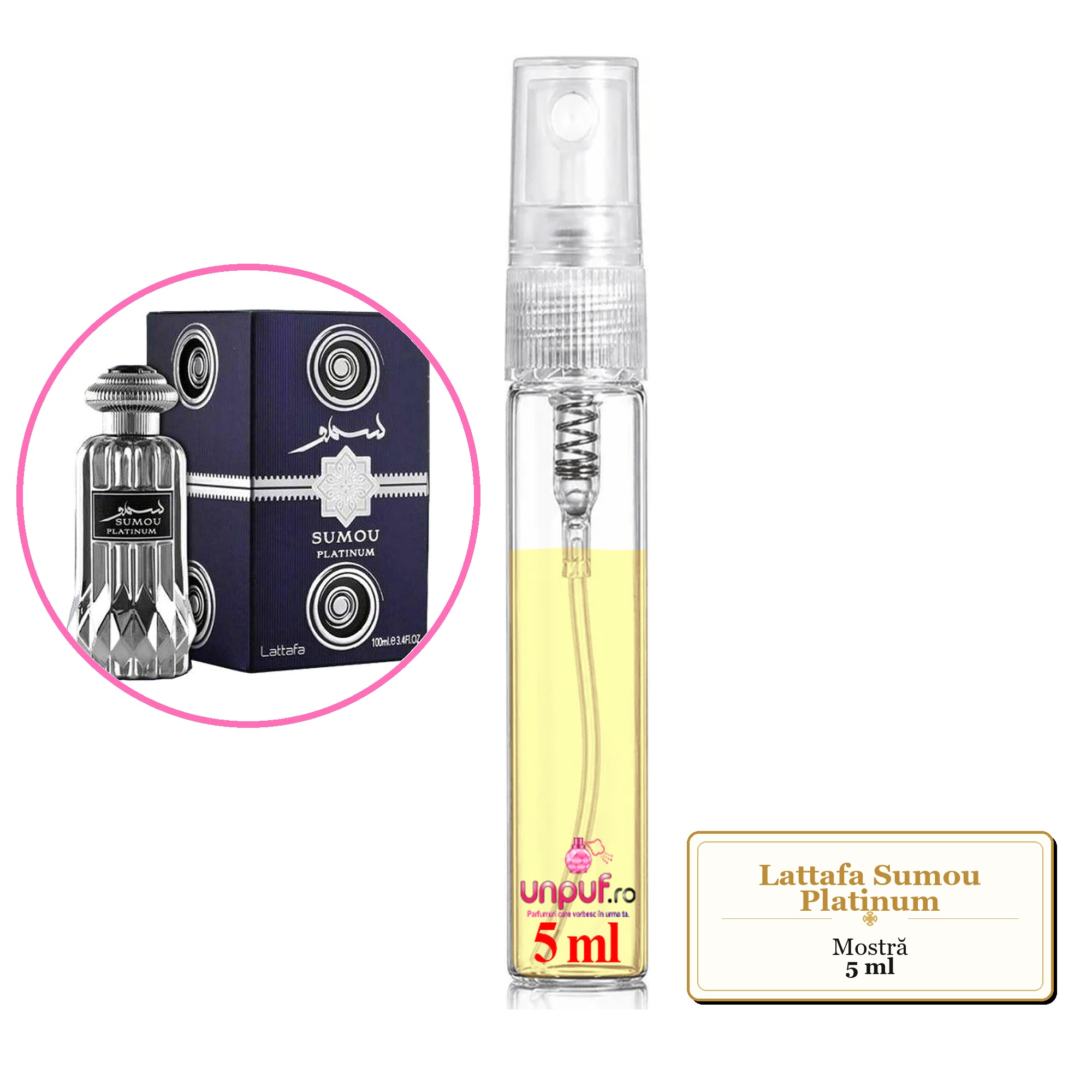 Mostra fiola din Parfumul Lattafa Sumou Platinum, decant sticla cu pulverizator
