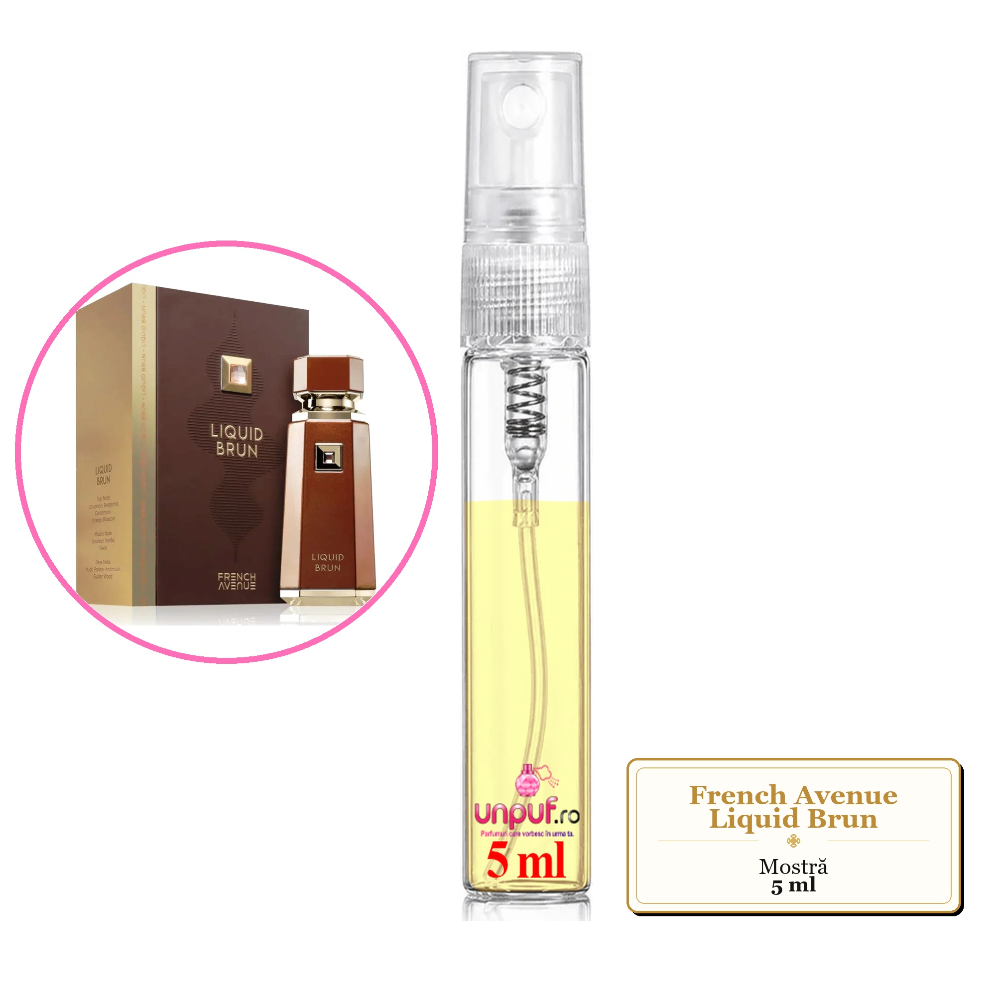 Mostra fiola din Parfumul French Avenue Liquid Brun, decant sticla cu pulverizator