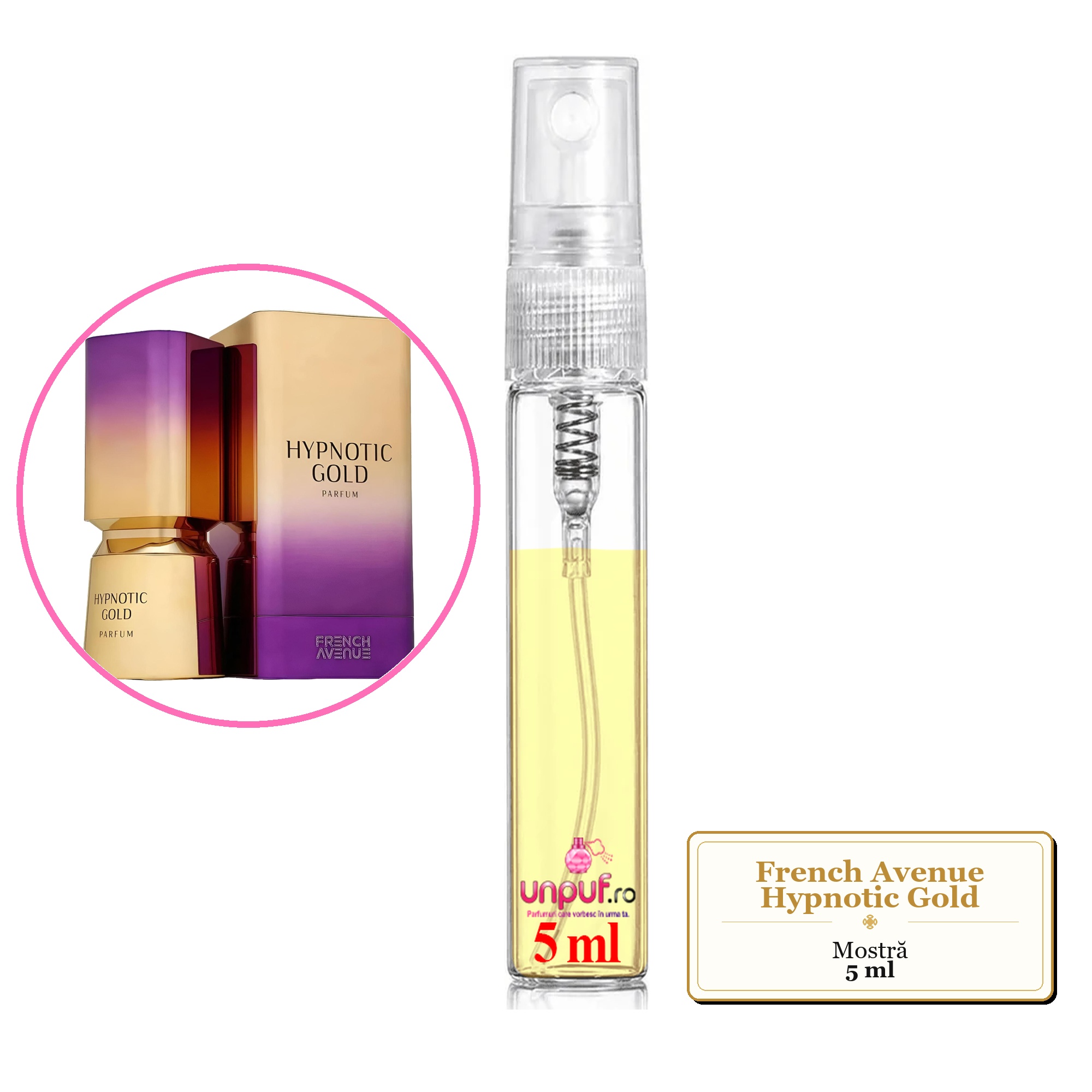 Mostra fiola din Parfumul French Avenue Hypnotic Gold, decant sticla cu pulverizator