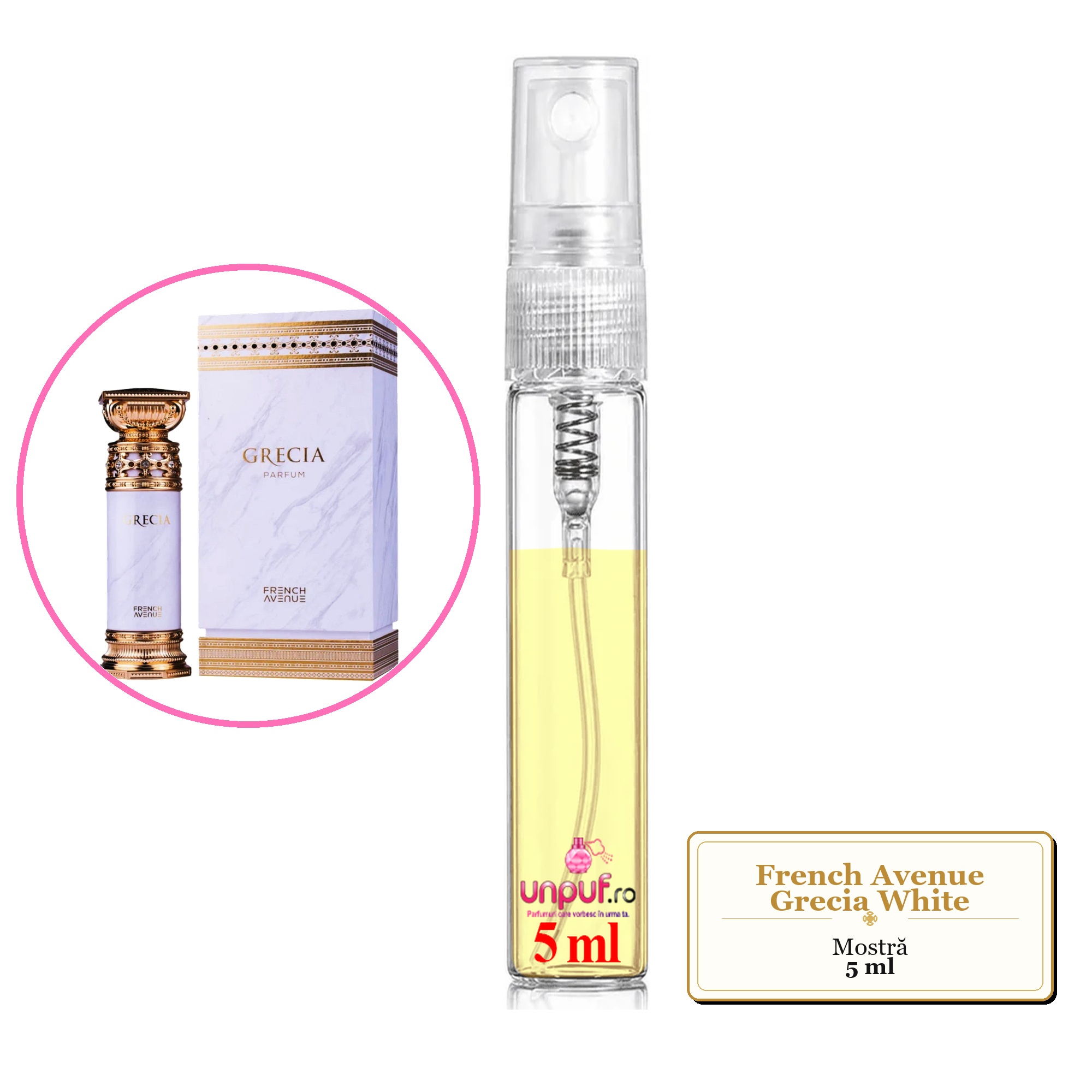Mostra fiola din Parfumul French Avenue Grecia White, decant sticla cu pulverizator