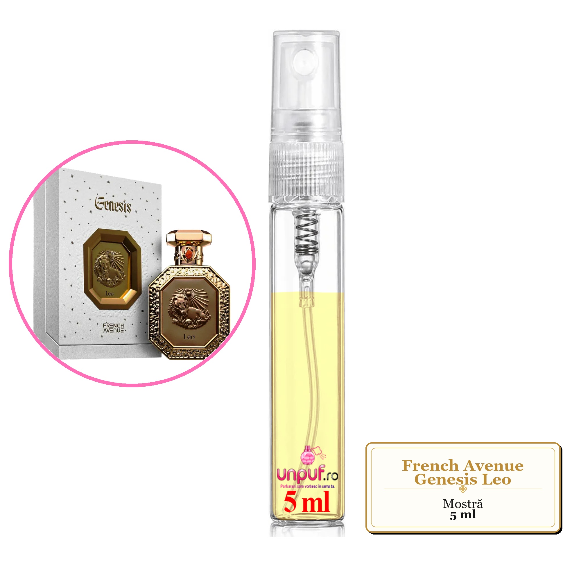 Mostra fiola din Parfumul French Avenue Genesis Leo, decant sticla cu pulverizator