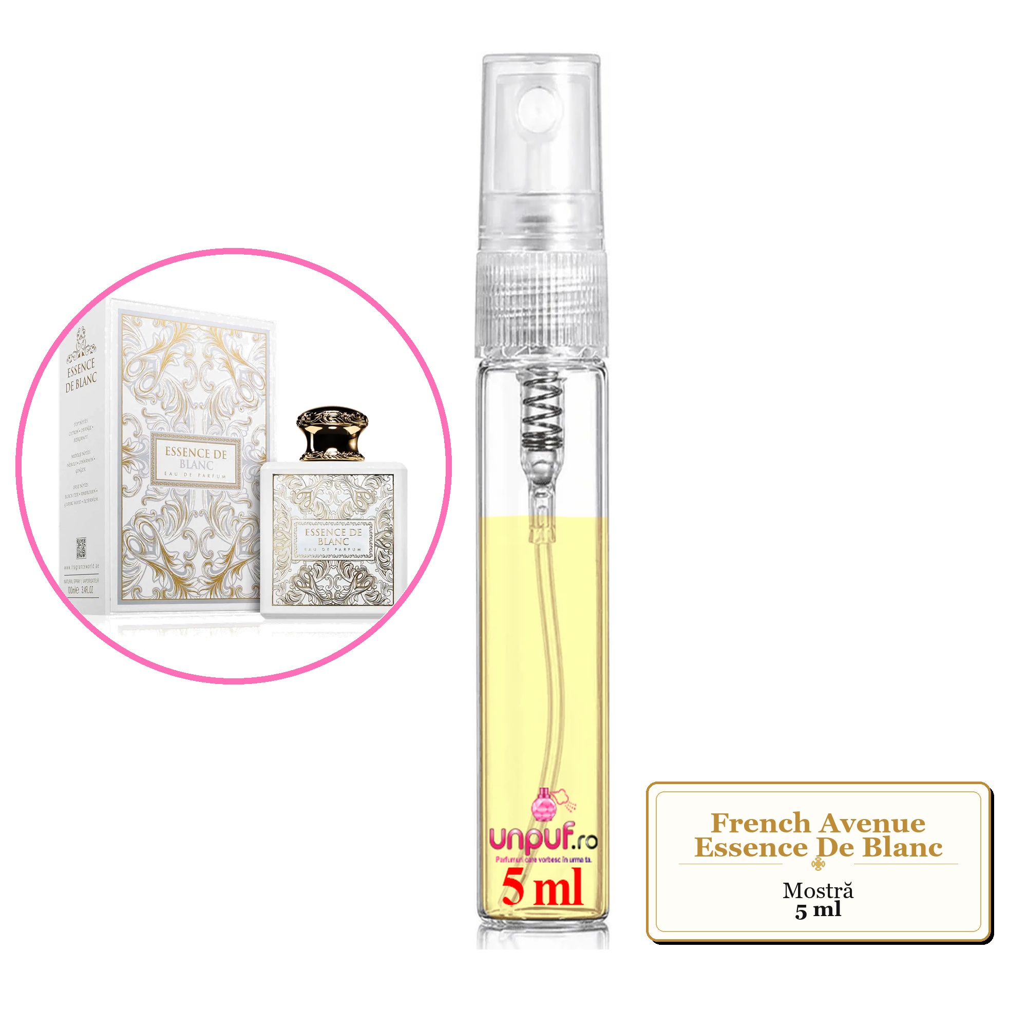 Mostra fiola din Parfumul French Avenue Essence De Blanc, decant sticla cu pulverizator 