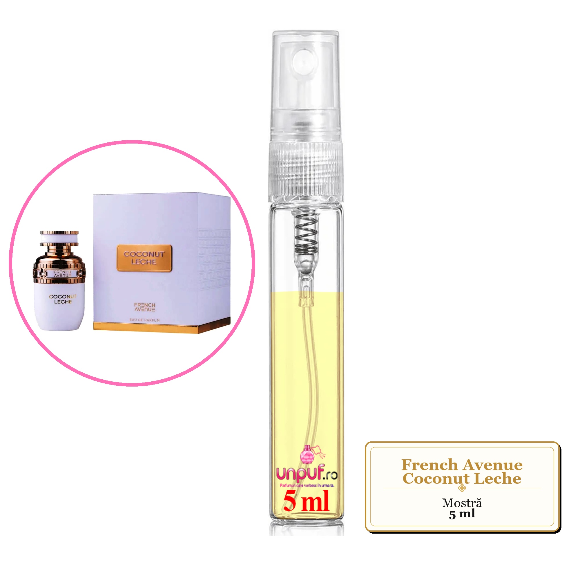 Mostra fiola din Parfumul French Avenue Coconut Leche, decant sticla cu pulverizator