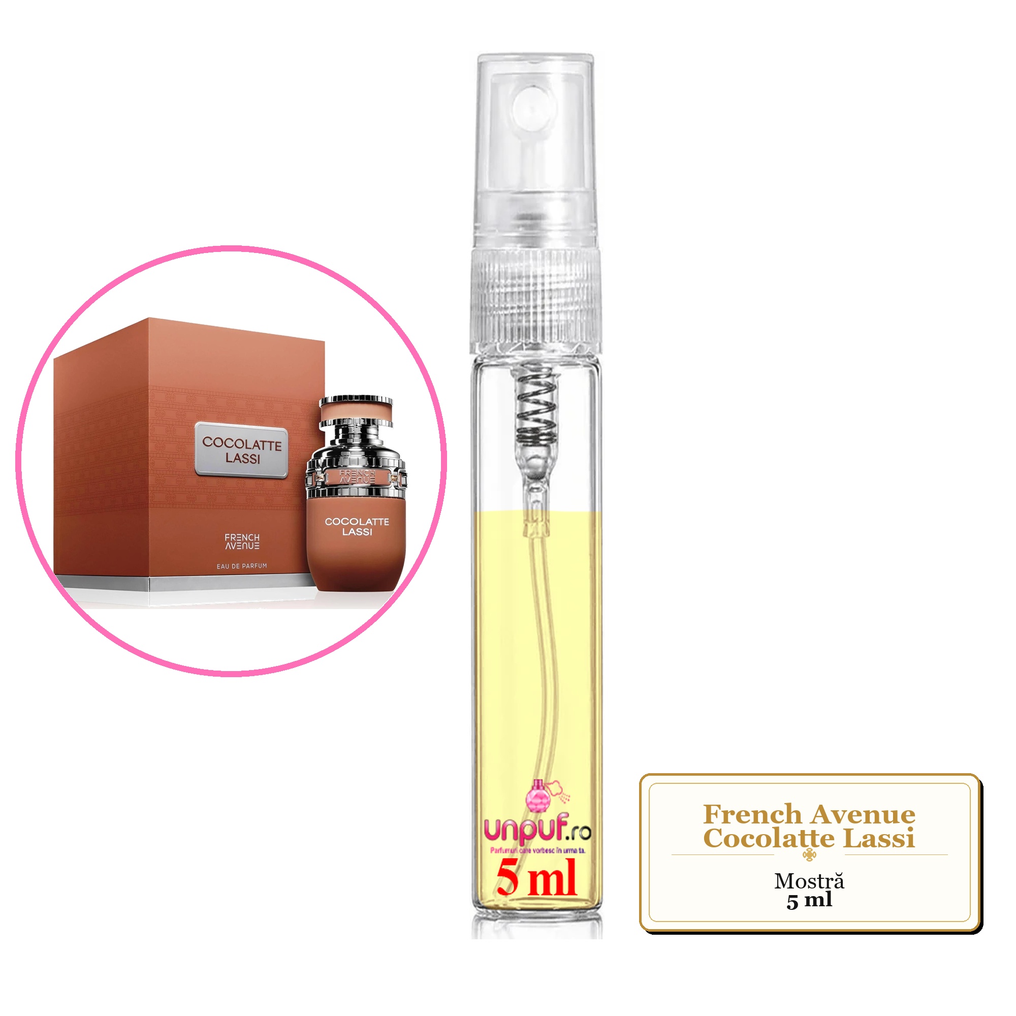 Mostra fiola din Parfumul French Avenue Cocolatte Lassi, decant sticla cu pulverizator
