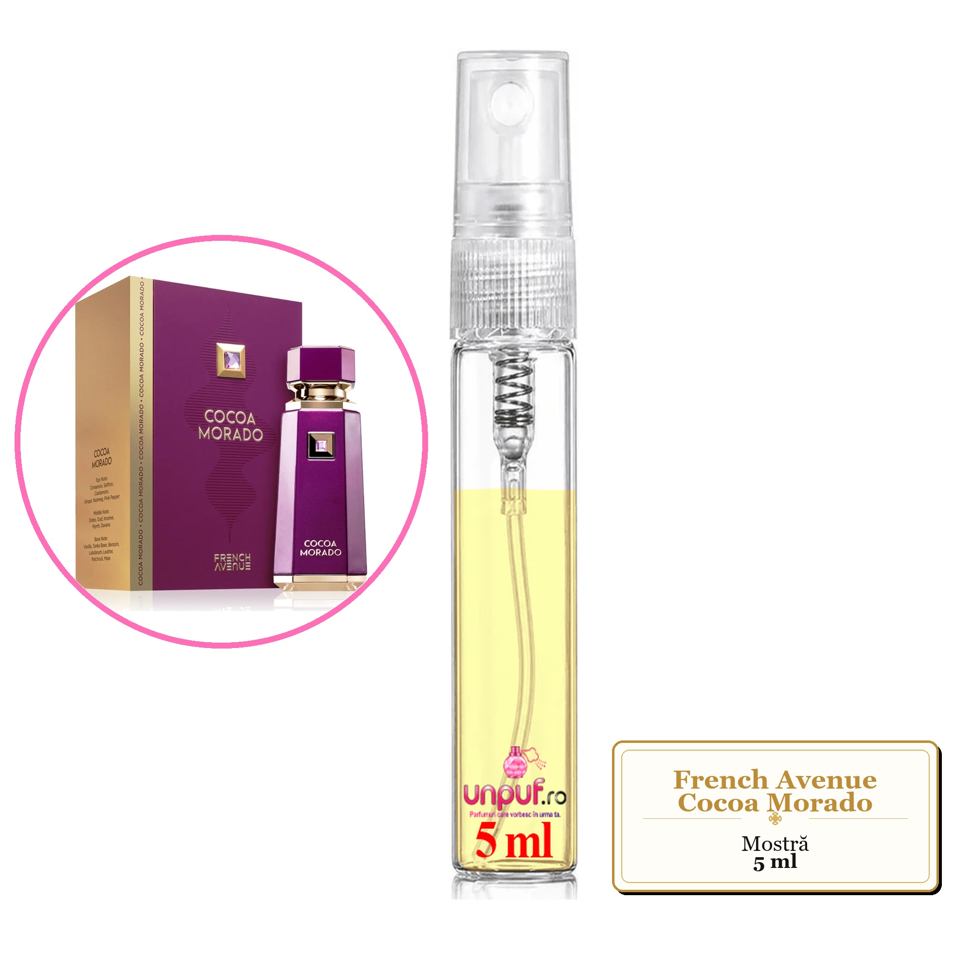Mostra fiola din Parfumul French Avenue Cocoa Morado, decant sticla cu pulverizator