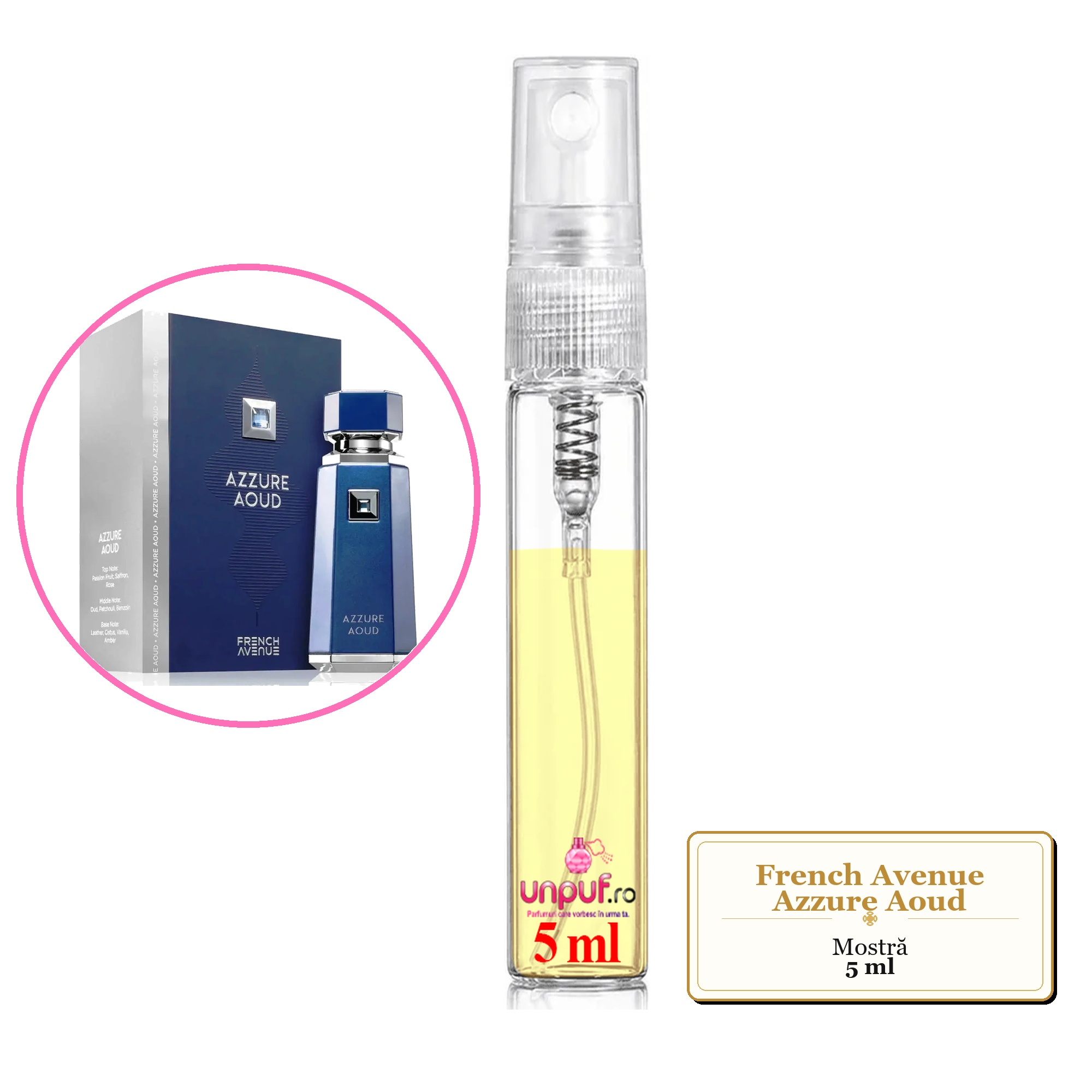 Mostra fiola din Parfumul French Avenue Azzure Aoud, decant sticla cu pulverizator