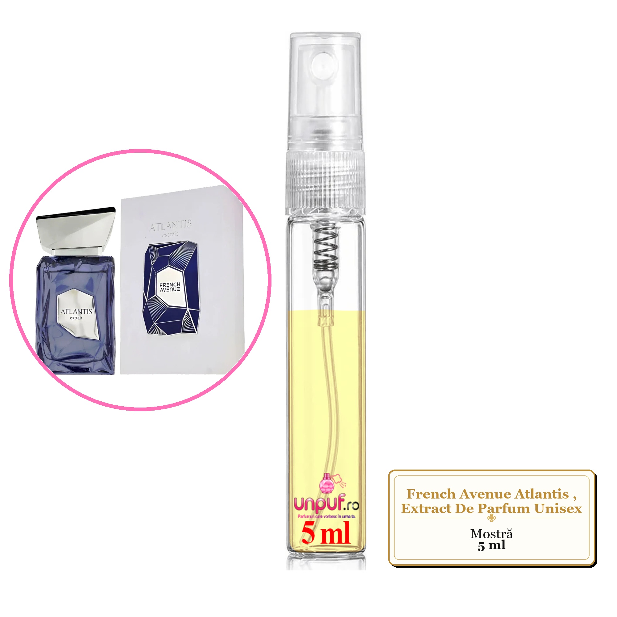 Mostra fiola din Parfumul French Avenue Atlantis, Extract De Parfum Unisex, decant sticla cu pulverizator 