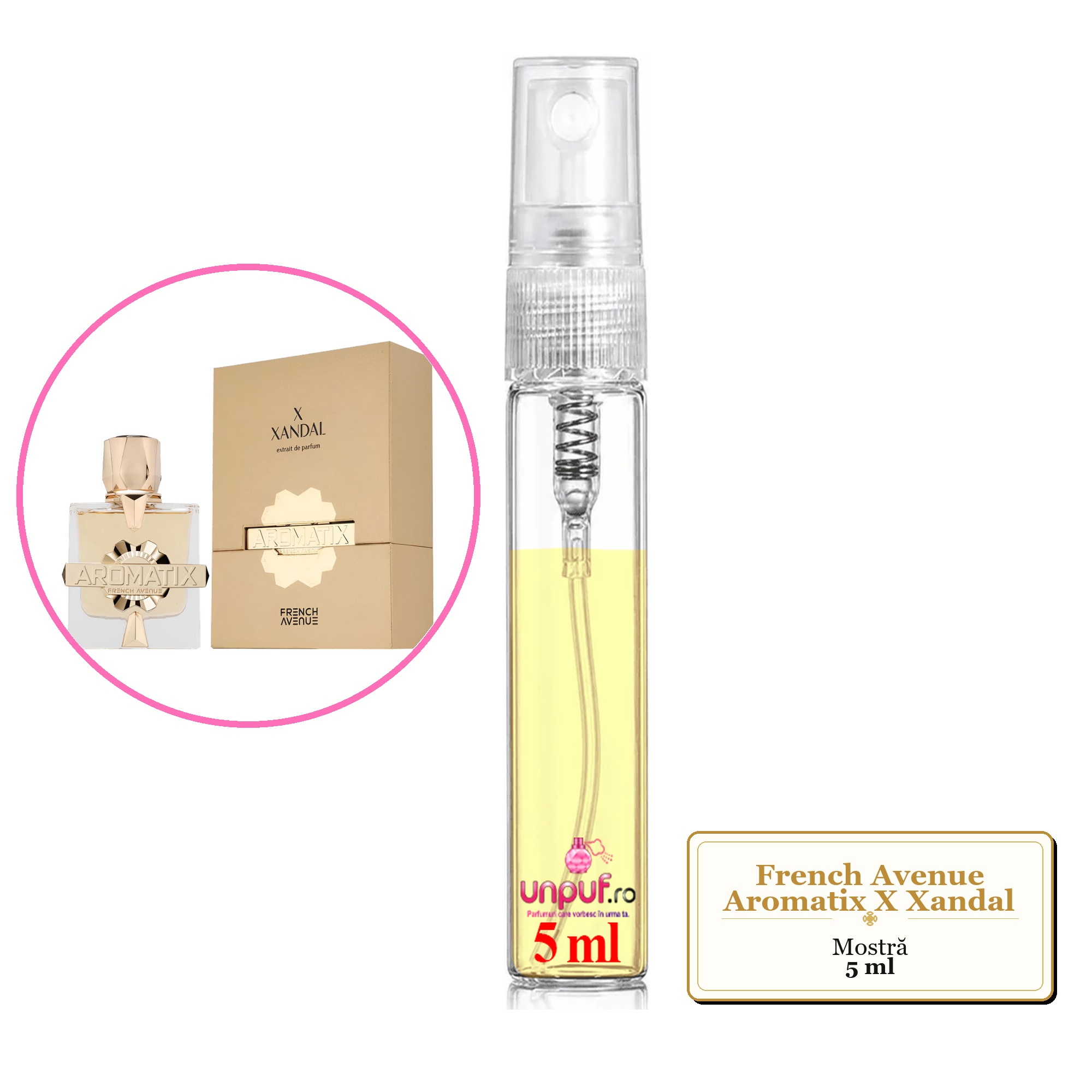 Mostra fiola din Parfumul French Avenue Aromatix X Xandal, decant sticla cu pulverizator