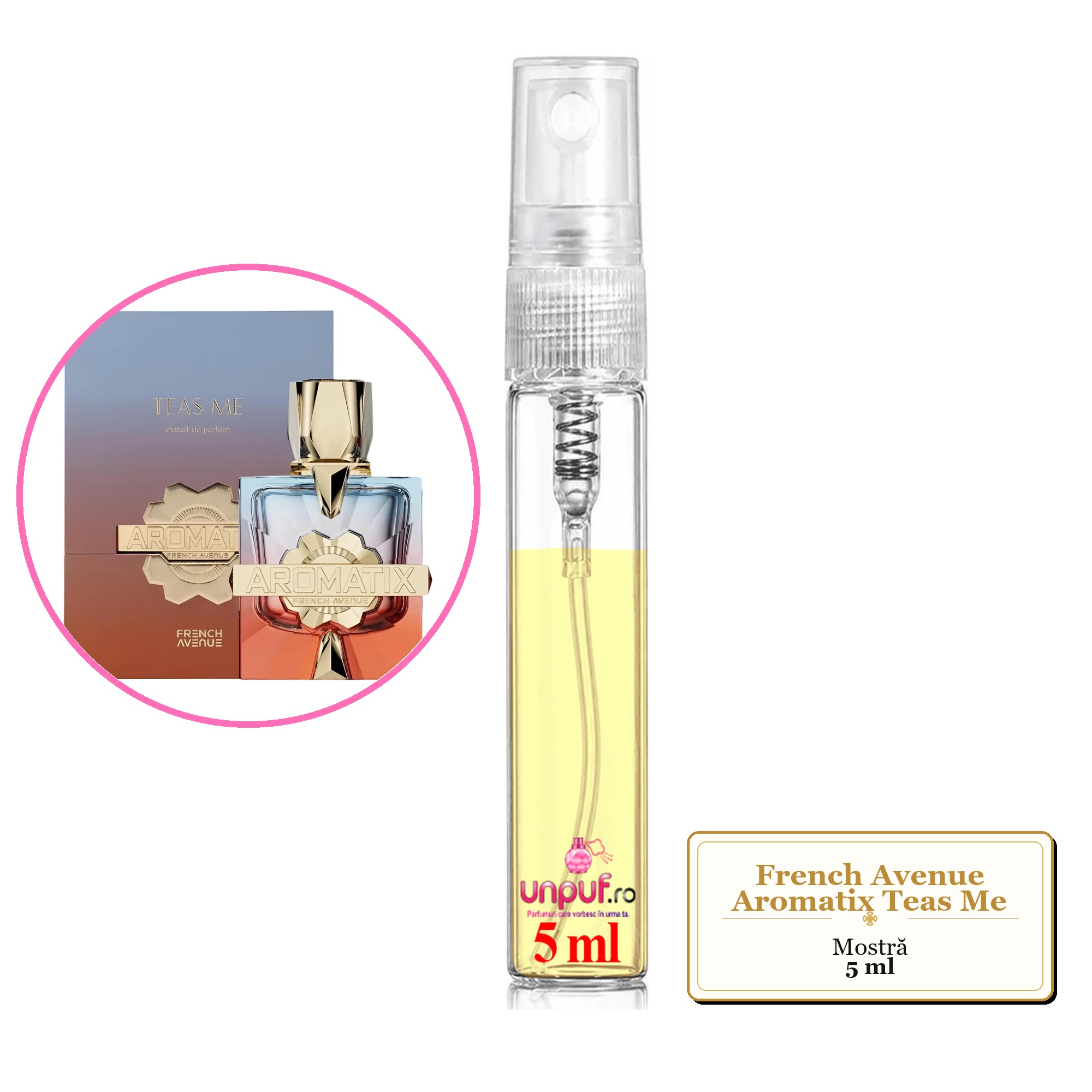 Mostra fiola din Parfumul French Avenue Aromatix Teas Me, decant sticla cu pulverizator