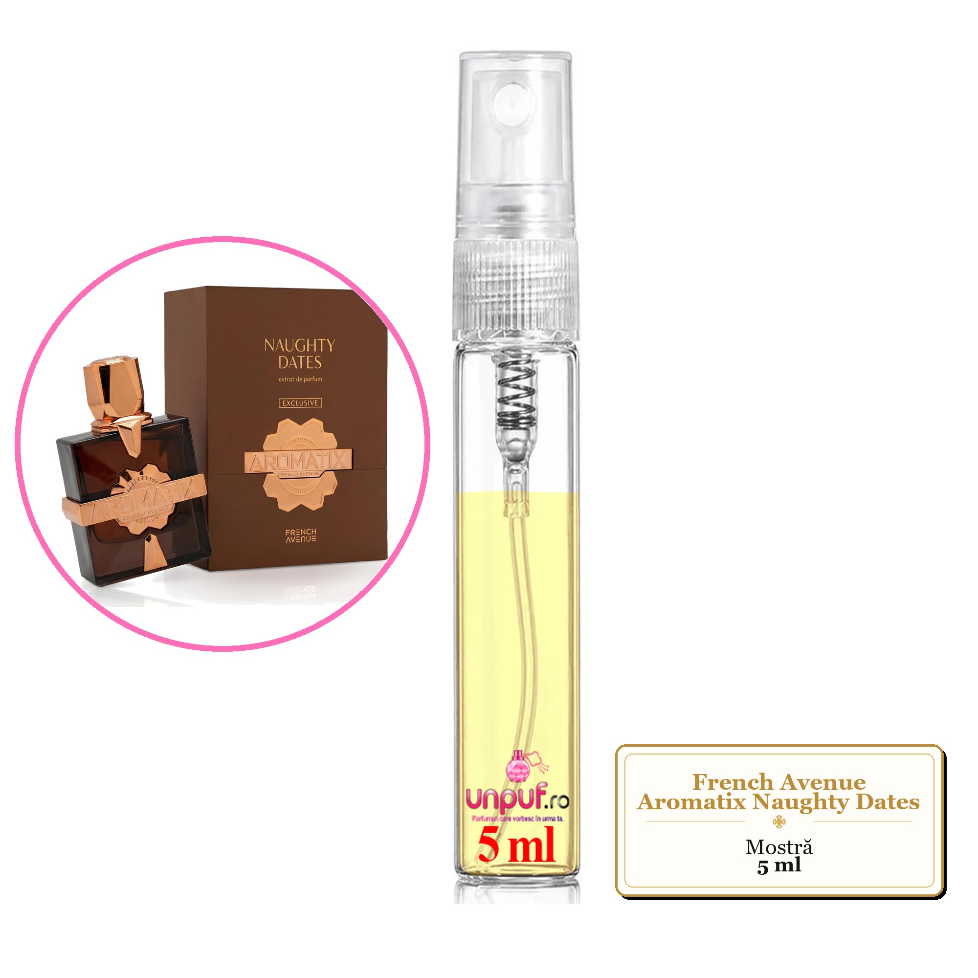 Mostra fiola din Parfumul French Avenue Aromatix Naughty Dates, decant sticla cu pulverizator